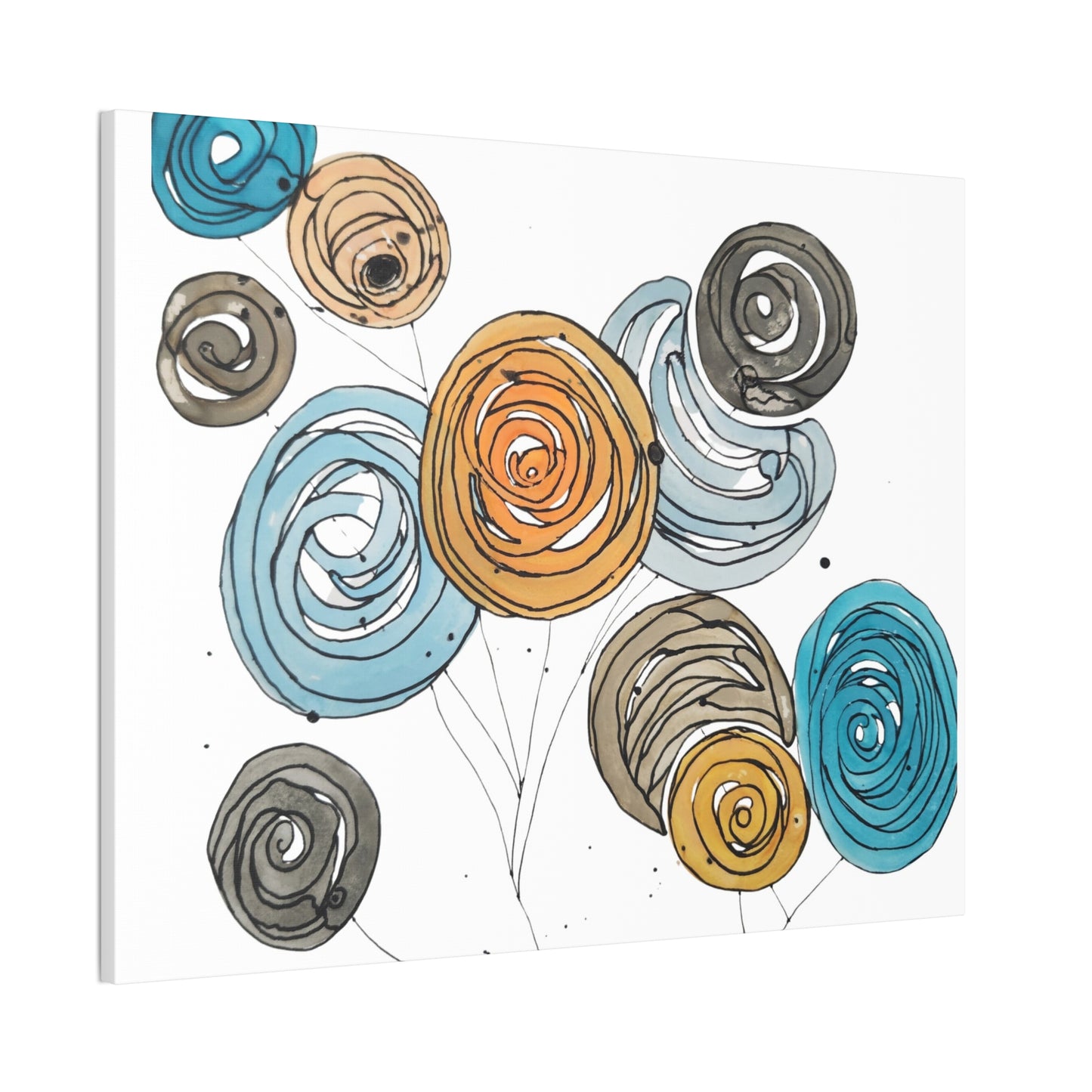 Spirals in Bloom II, Modern Abstract Floral Wall Art – Spiral Blossoms in Teal, Yellow & Charcoal