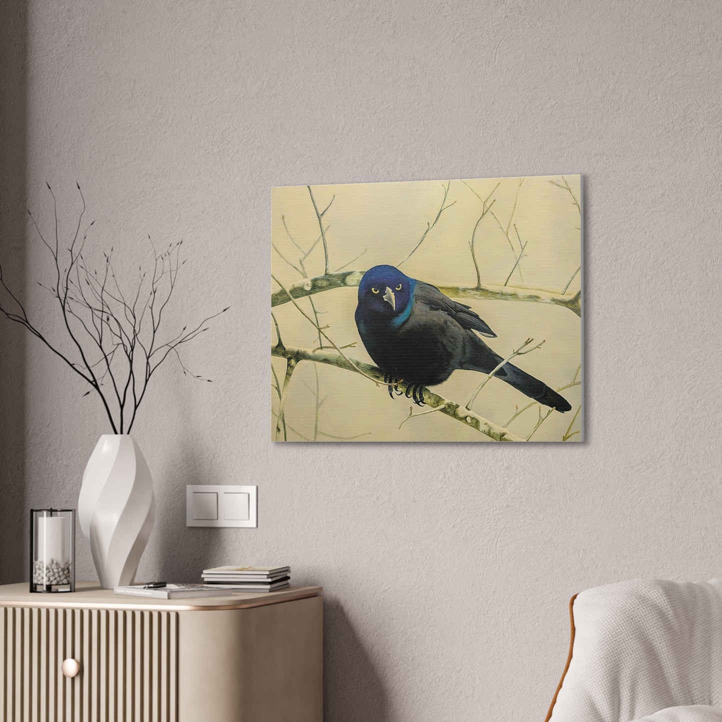 Midnight Grackle Perch – Realistic Bird Oil Painting on Canvas, Nature oil painting, Original oil painting