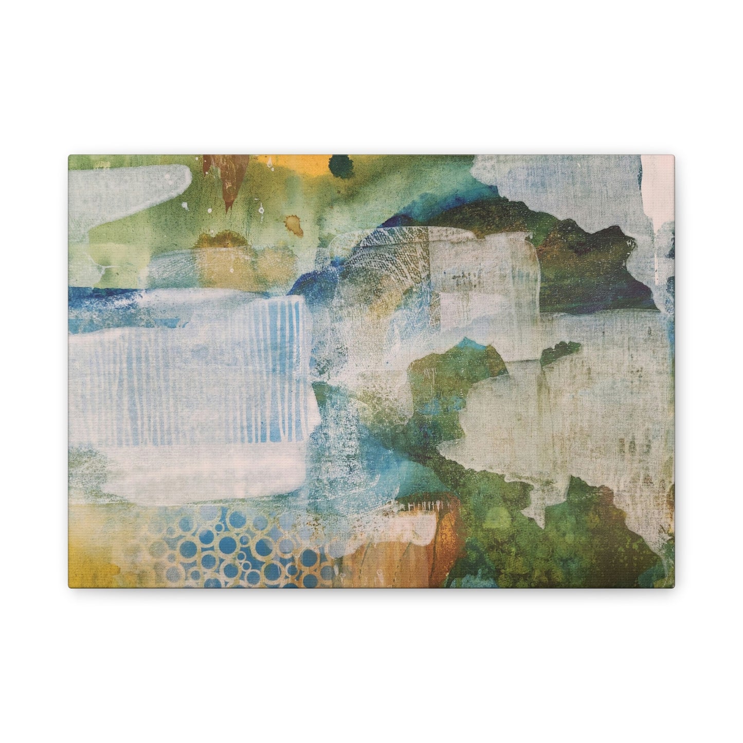 Misty Pond at Dawn, Fall Landscape Painting in Warm Gold and Soft Green | Nature-Inspired Wall Decor