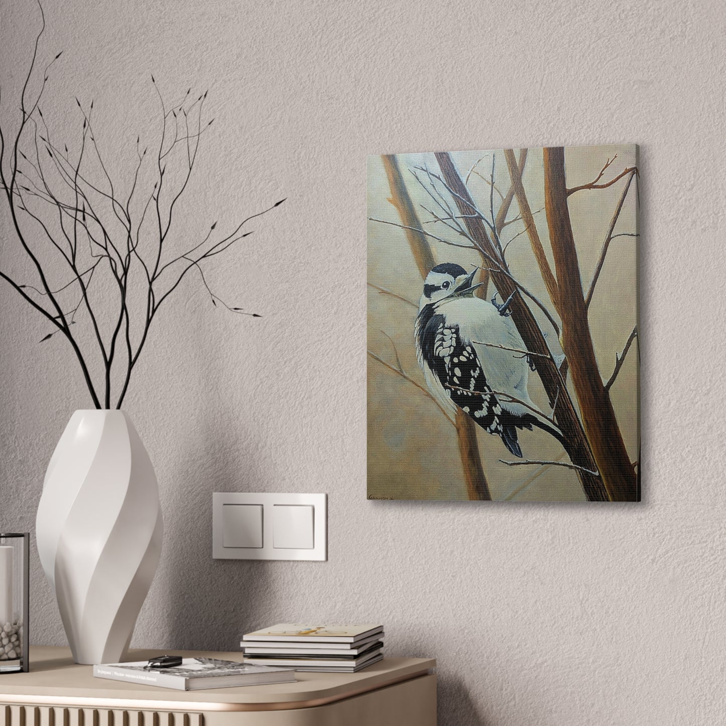Woodpecker in Winter Forest – Realistic Bird Oil Painting on Canvas | Wildlife Art, Nature Wall Decor, original oil painting