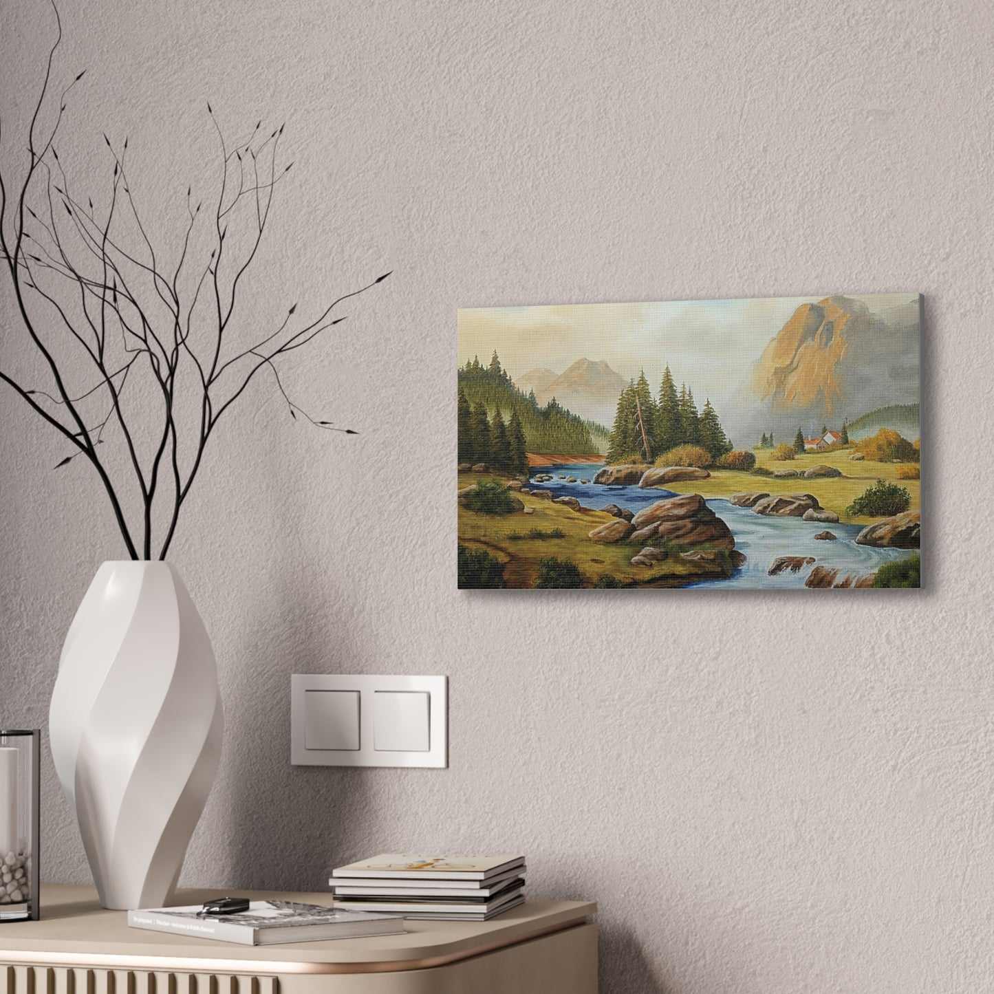 Tranquil Mountain Escape, Realistic Landscape Oil Painting | Rustic Cabin Wall Art, Nature Scene, Home Decor
