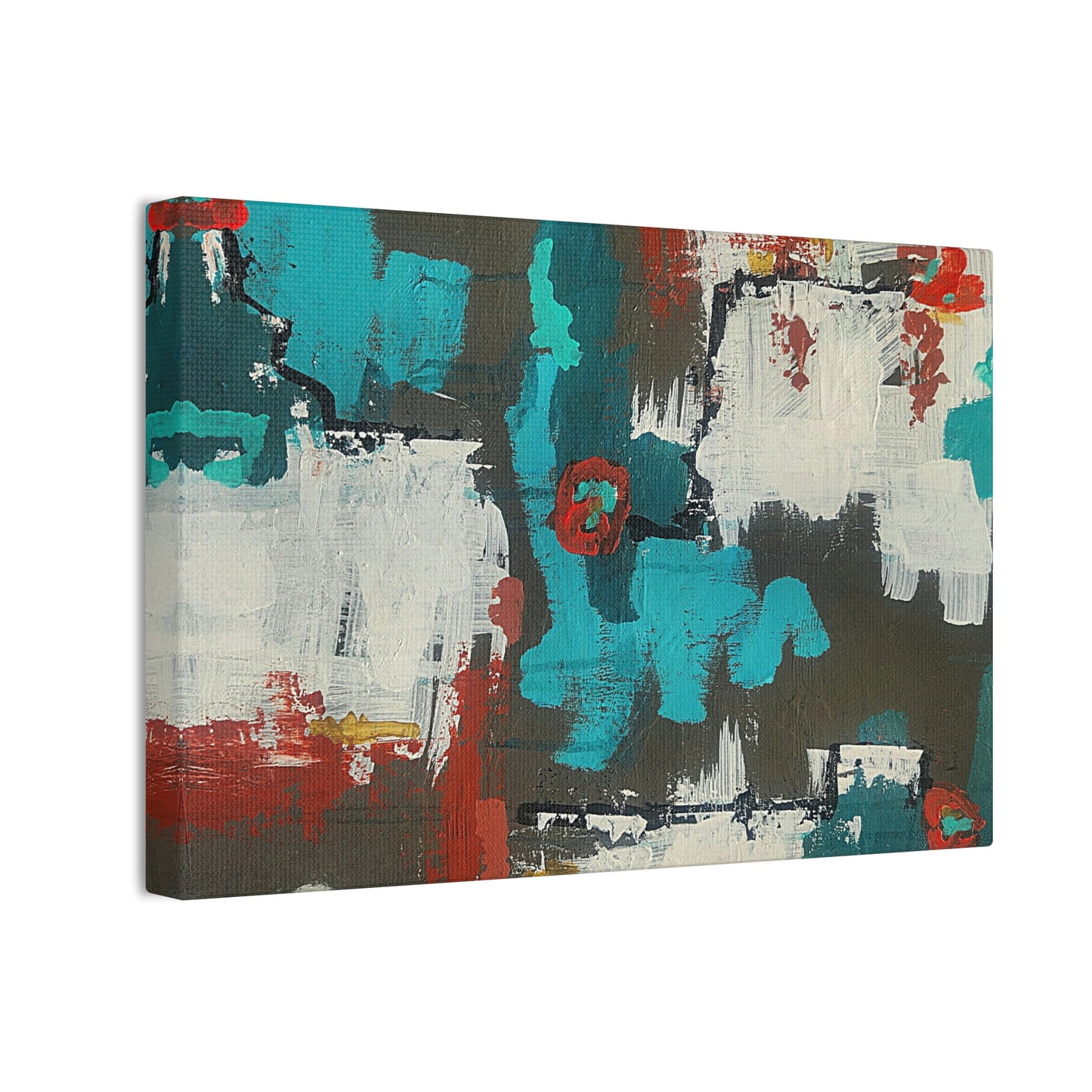 Urban Bloom, Abstract Teal, Red, and White Modern Wall Art Print on Dark Background