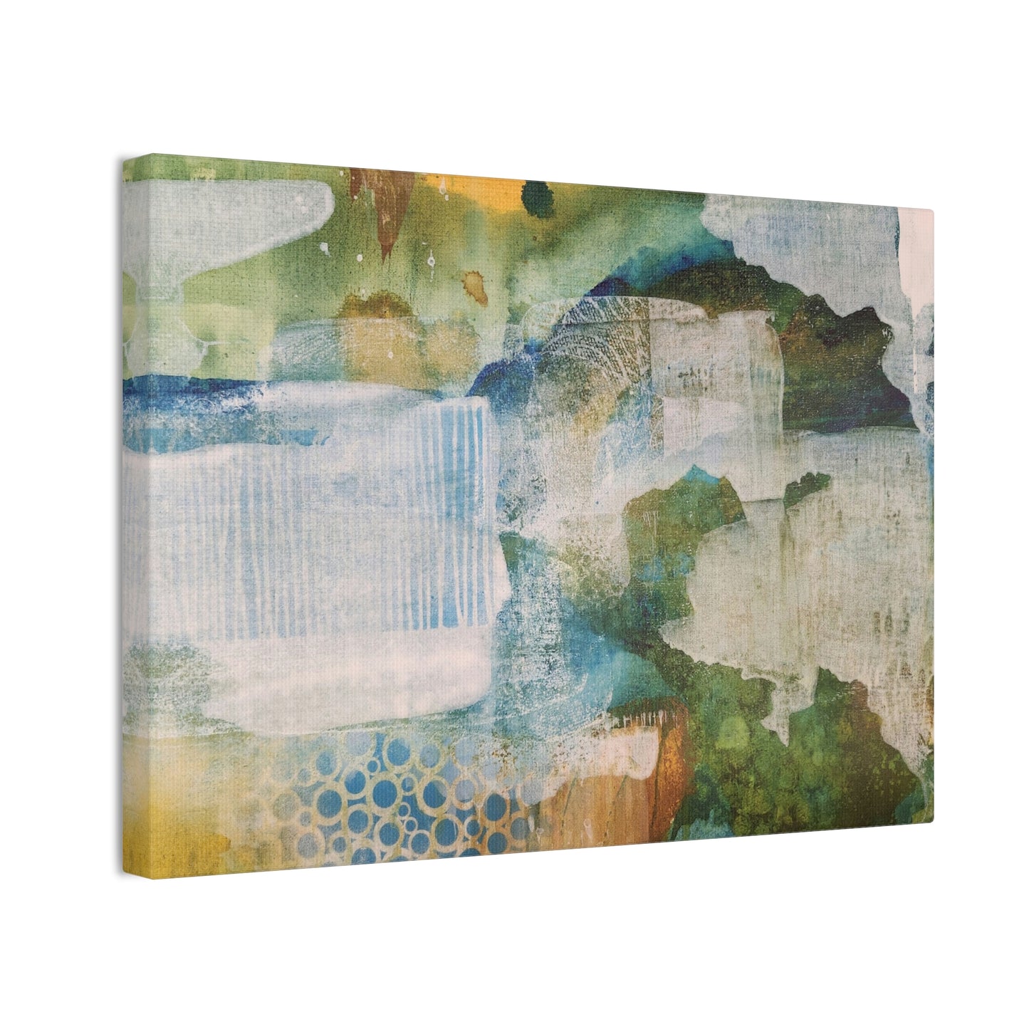 Misty Pond at Dawn, Fall Landscape Painting in Warm Gold and Soft Green | Nature-Inspired Wall Decor