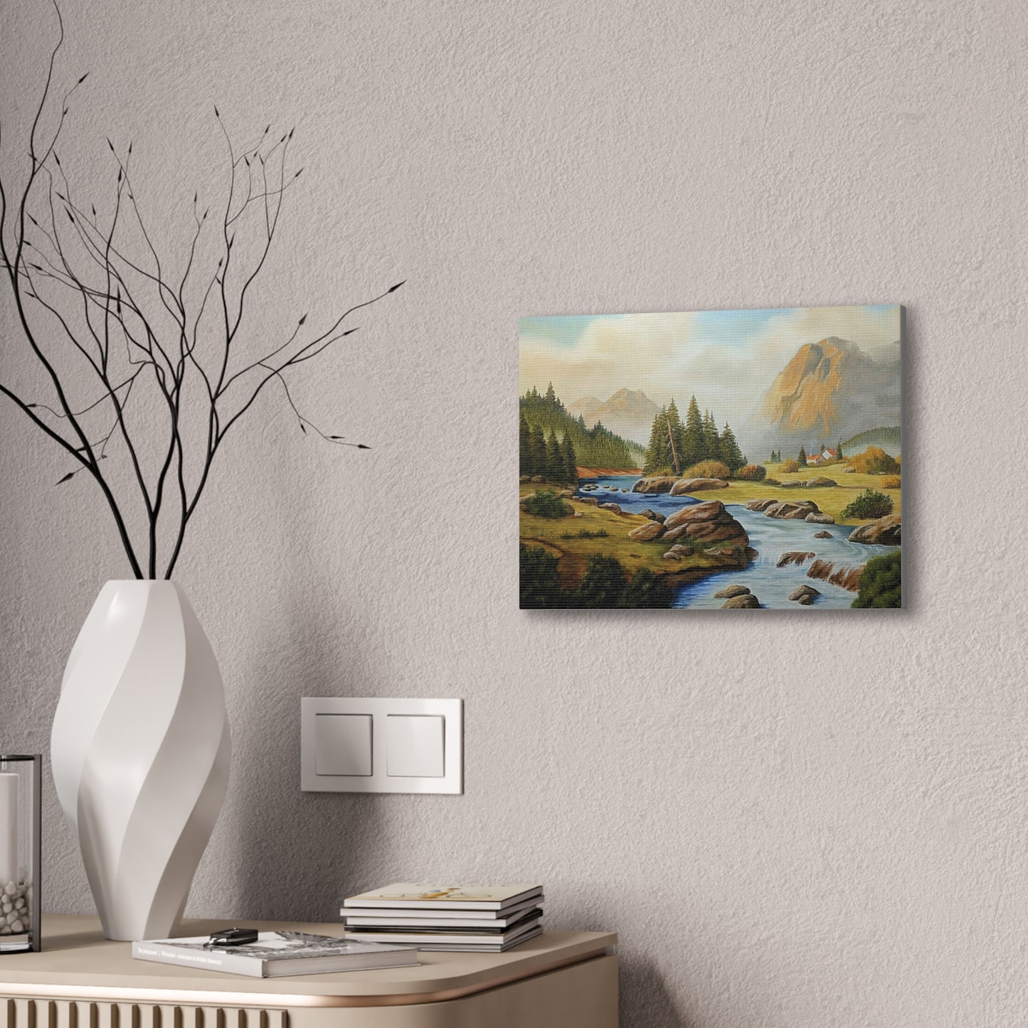 Tranquil Mountain Escape, Realistic Landscape Oil Painting | Rustic Cabin Wall Art, Nature Scene, Home Decor