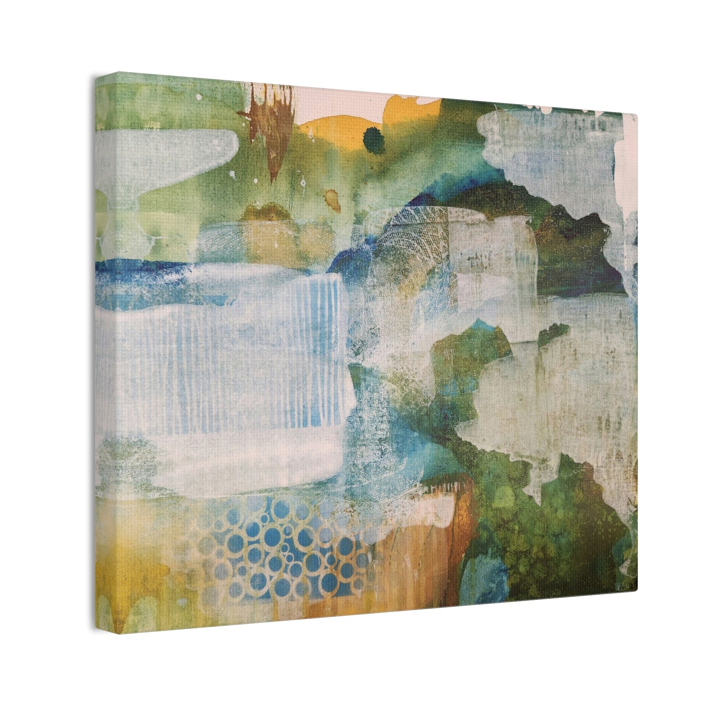 Misty Pond at Dawn, Fall Landscape Painting in Warm Gold and Soft Green | Nature-Inspired Wall Decor