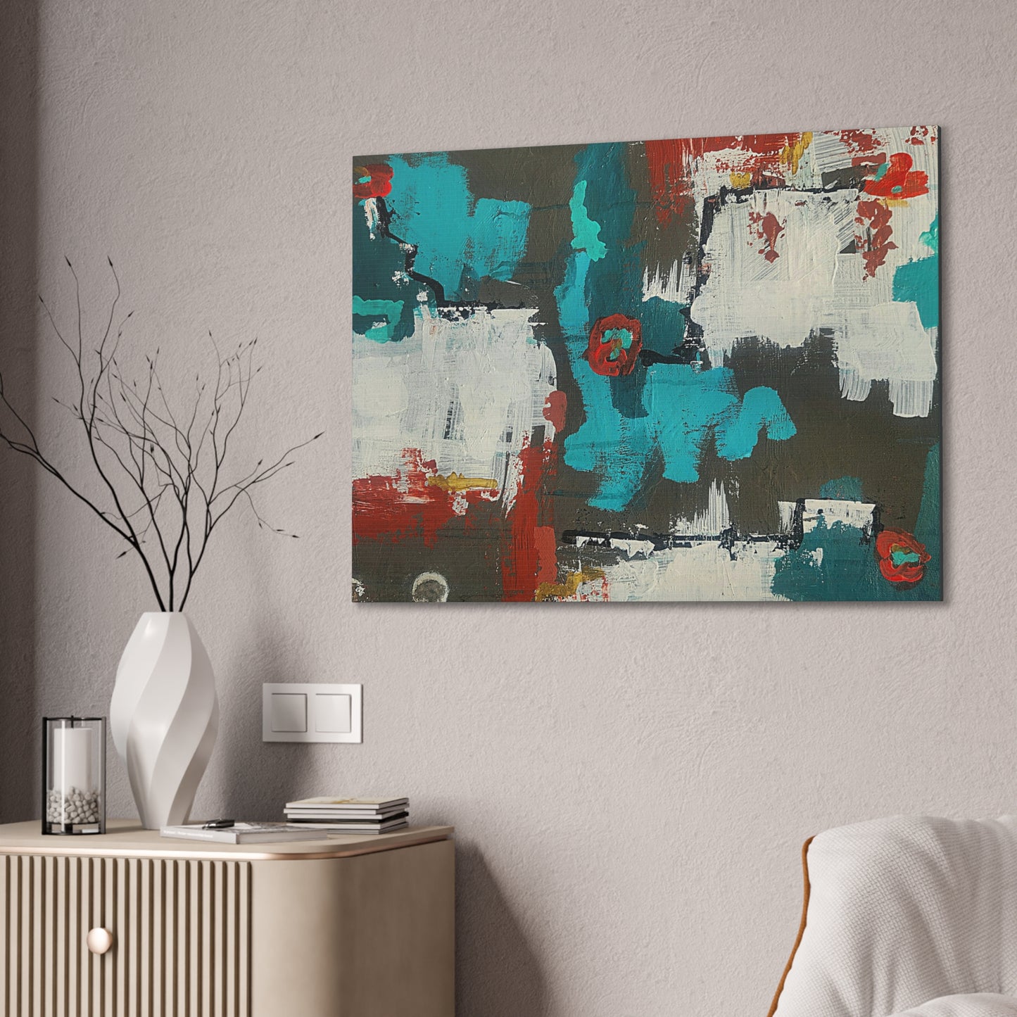 Urban Bloom (Horizontal)Abstract Teal, Red, and White Modern Wall Art Print on Dark Background
