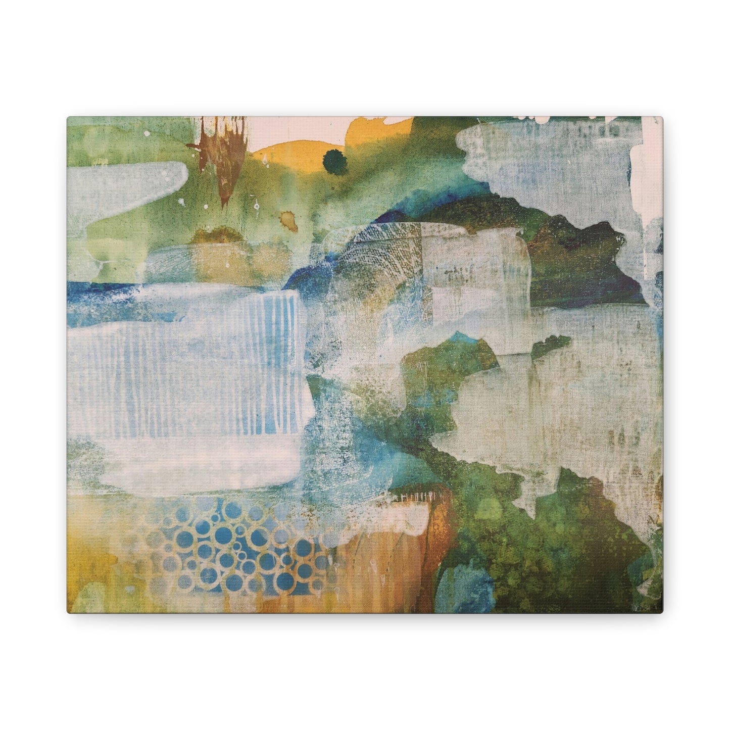 Misty Pond at Dawn, Fall Landscape Painting in Warm Gold and Soft Green | Nature-Inspired Wall Decor