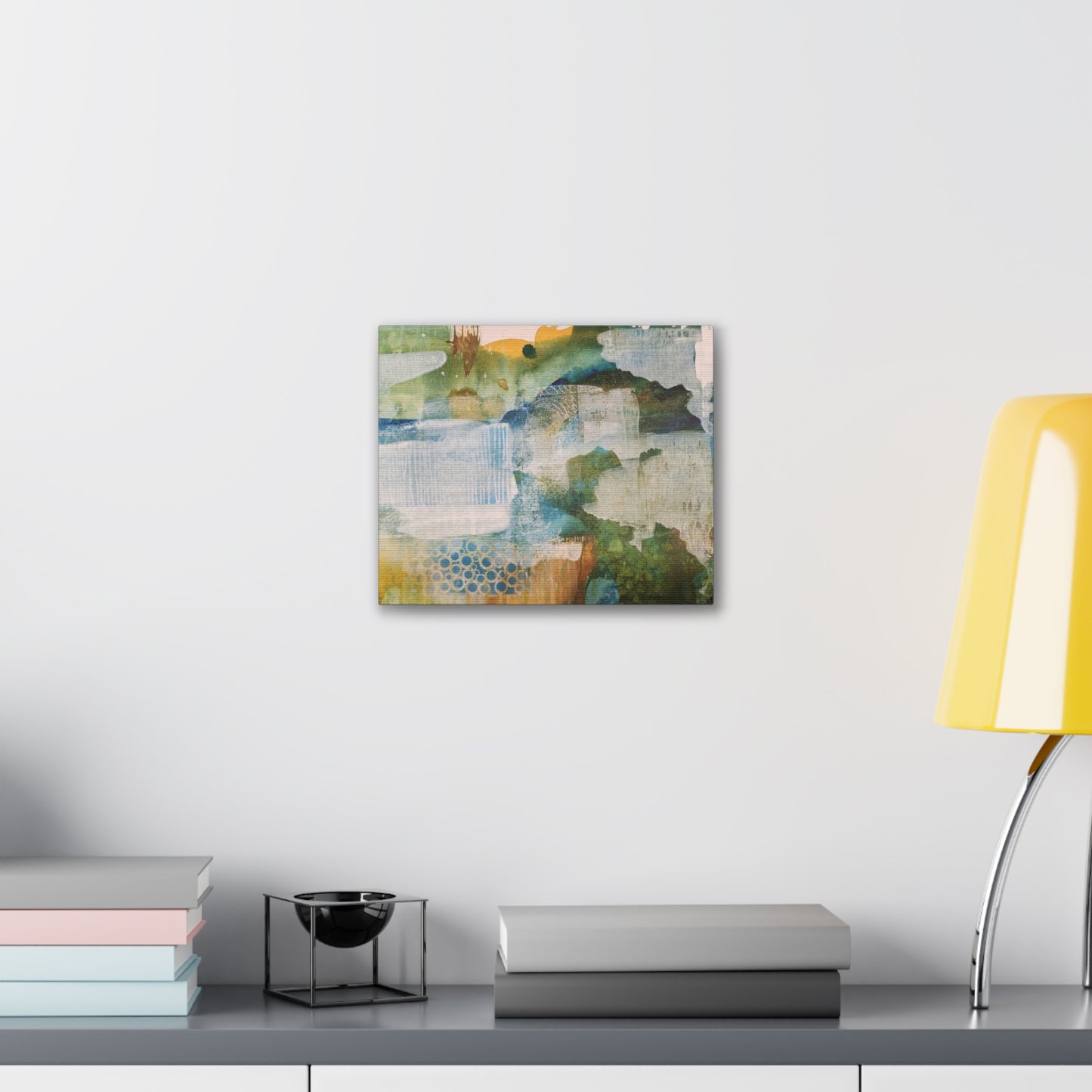 Misty Pond at Dawn, Fall Landscape Painting in Warm Gold and Soft Green | Nature-Inspired Wall Decor