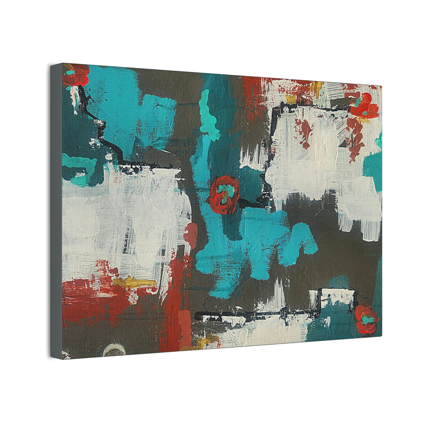 Urban Bloom (Horizontal)Abstract Teal, Red, and White Modern Wall Art Print on Dark Background