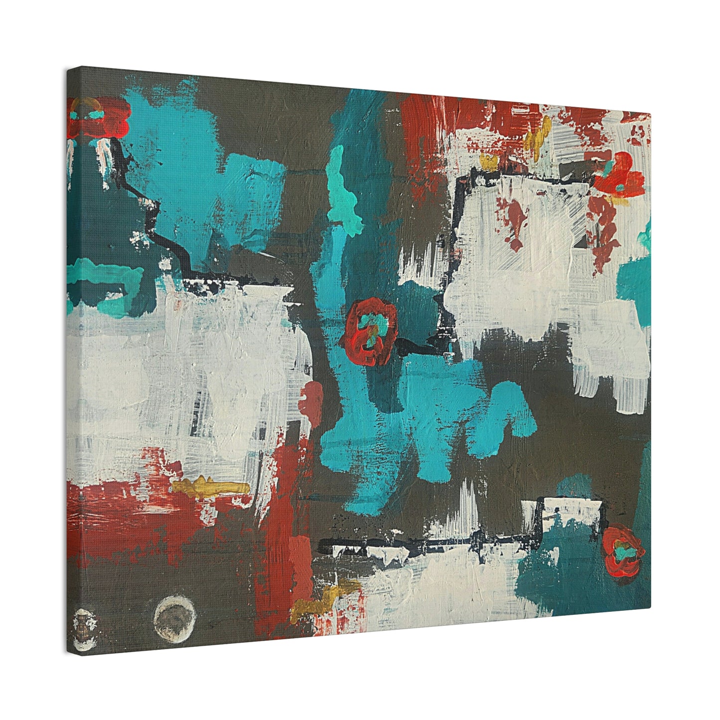 Urban Bloom, Abstract Teal, Red, and White Modern Wall Art Print on Dark Background