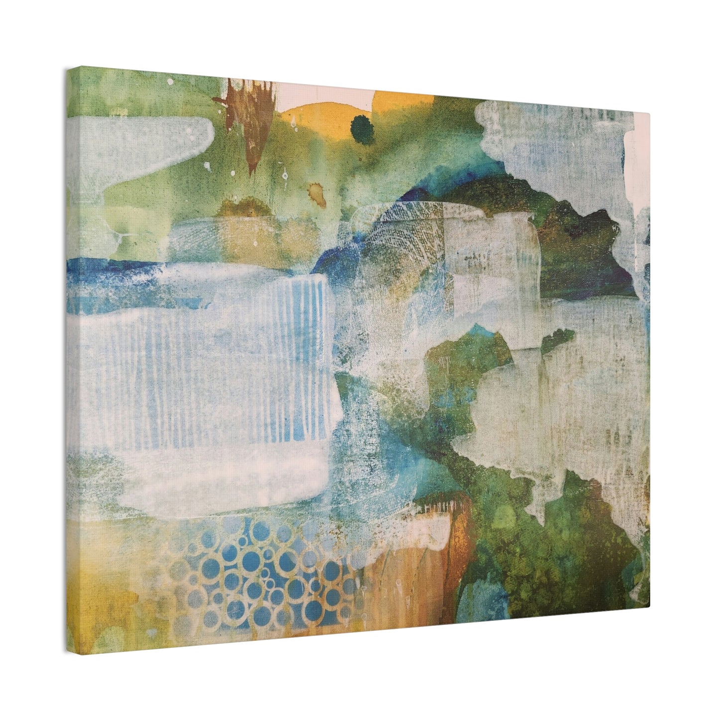 Misty Pond at Dawn, Fall Landscape Painting in Warm Gold and Soft Green | Nature-Inspired Wall Decor