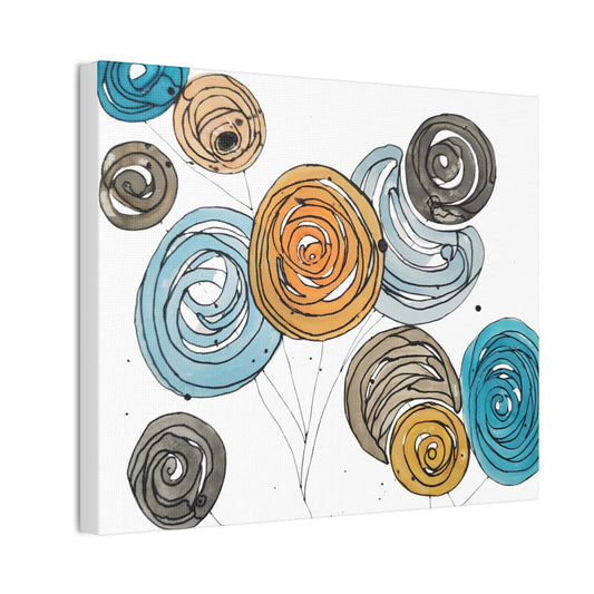 Spirals in Bloom II, Modern Abstract Floral Wall Art – Spiral Blossoms in Teal, Yellow & Charcoal