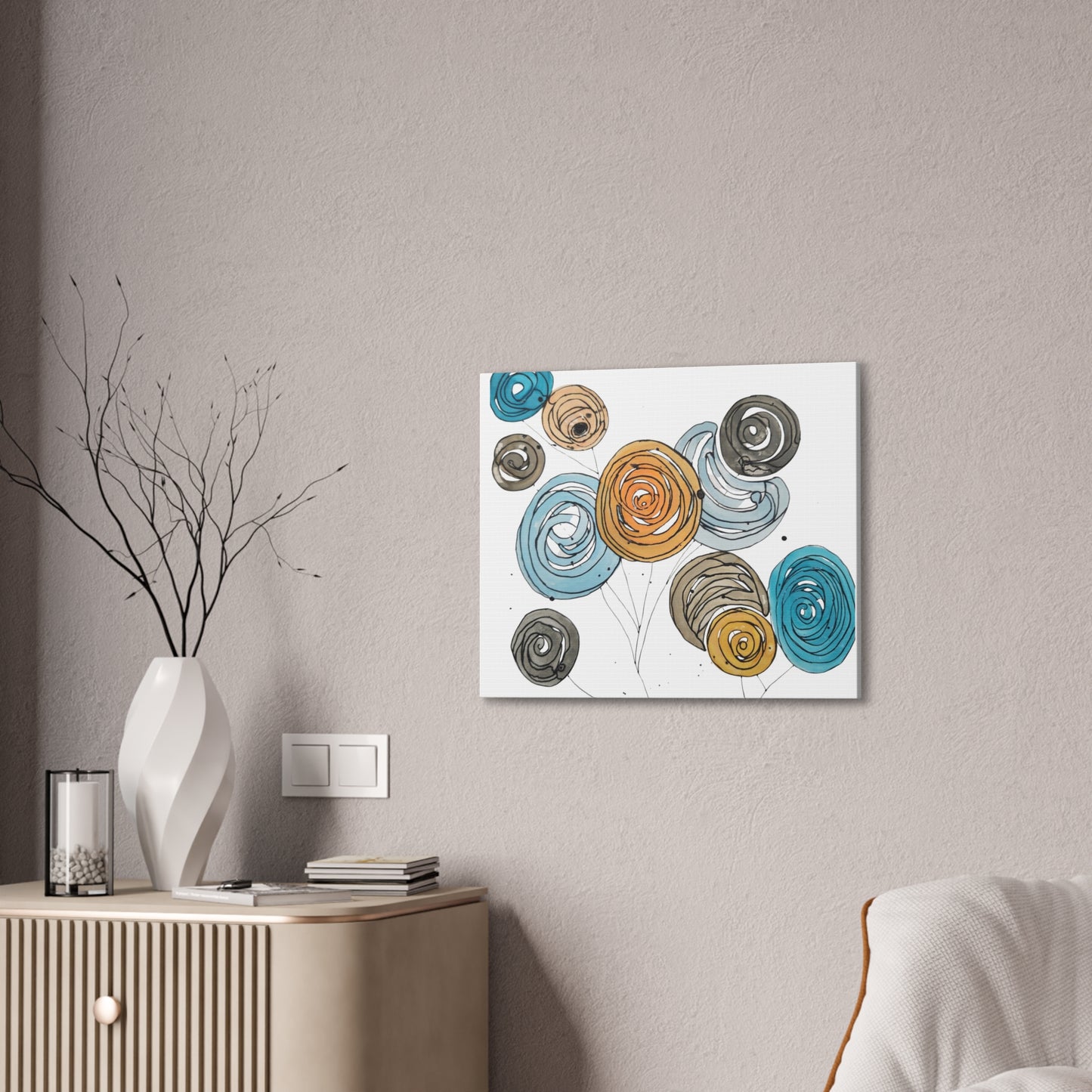 Spirals in Bloom II, Modern Abstract Floral Wall Art – Spiral Blossoms in Teal, Yellow & Charcoal