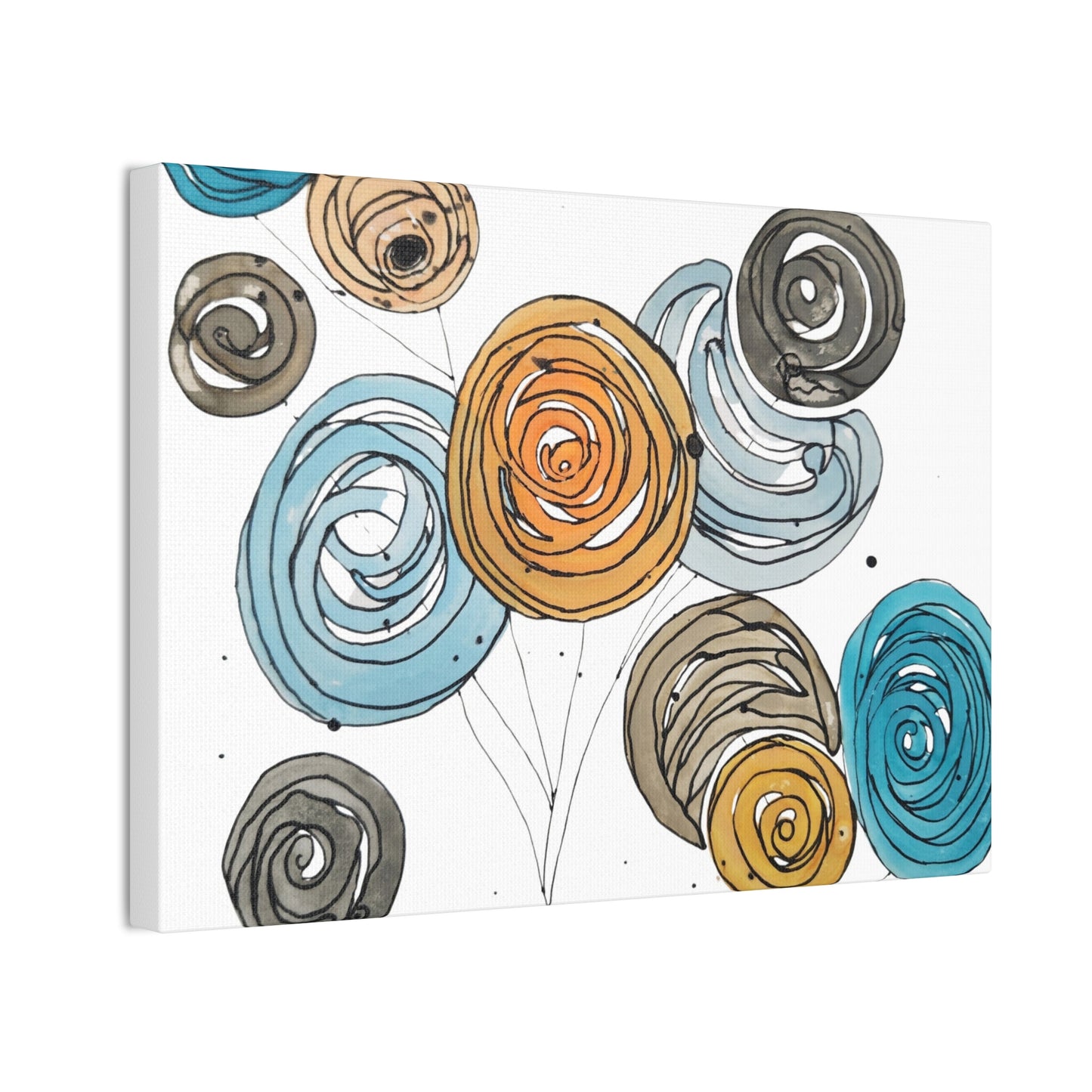 Spirals in Bloom II, Modern Abstract Floral Wall Art – Spiral Blossoms in Teal, Yellow & Charcoal