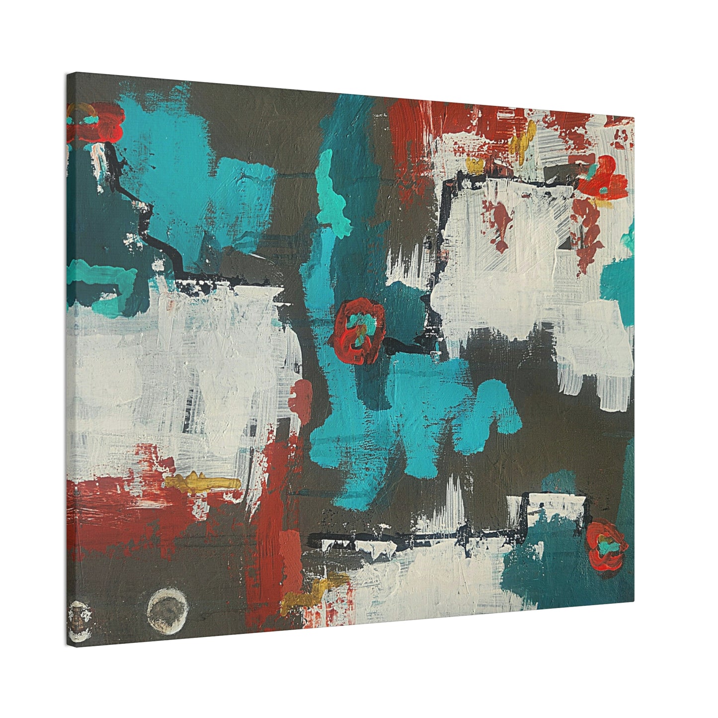Urban Bloom, Abstract Teal, Red, and White Modern Wall Art Print on Dark Background