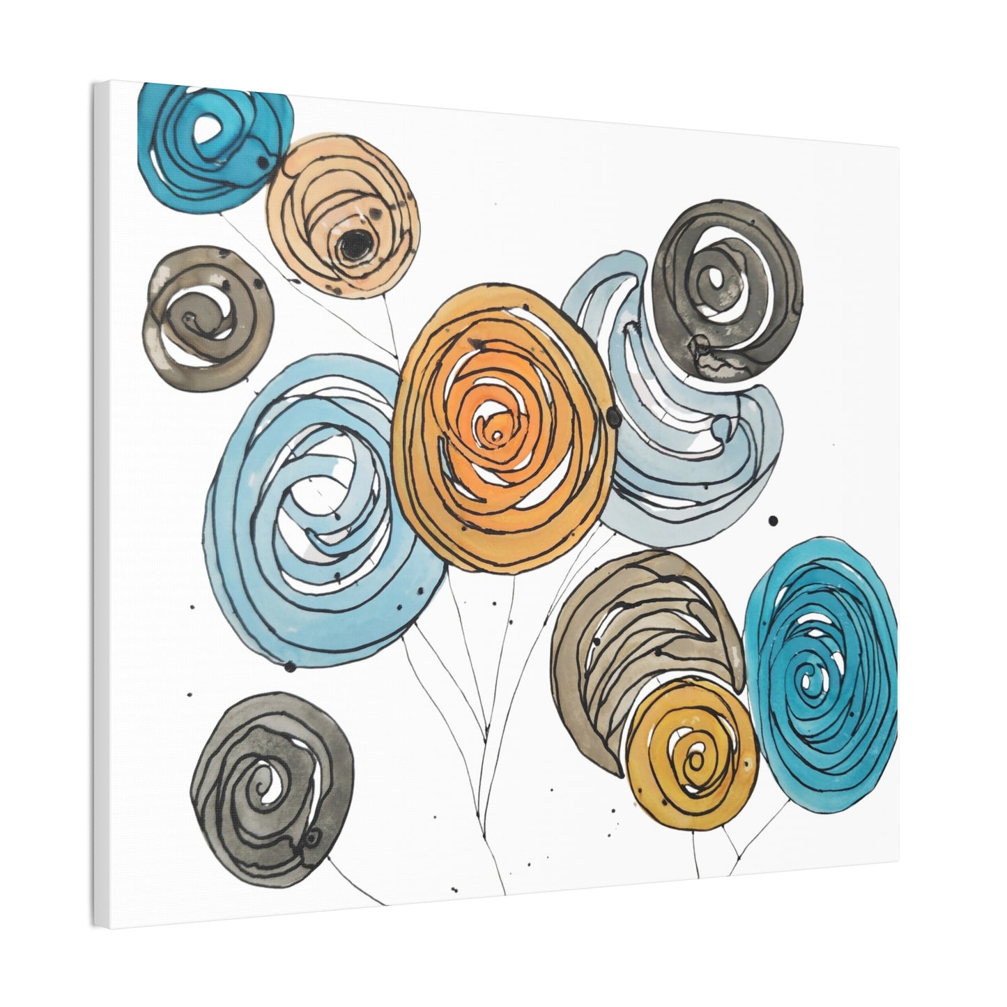 Spirals in Bloom II, Modern Abstract Floral Wall Art – Spiral Blossoms in Teal, Yellow & Charcoal
