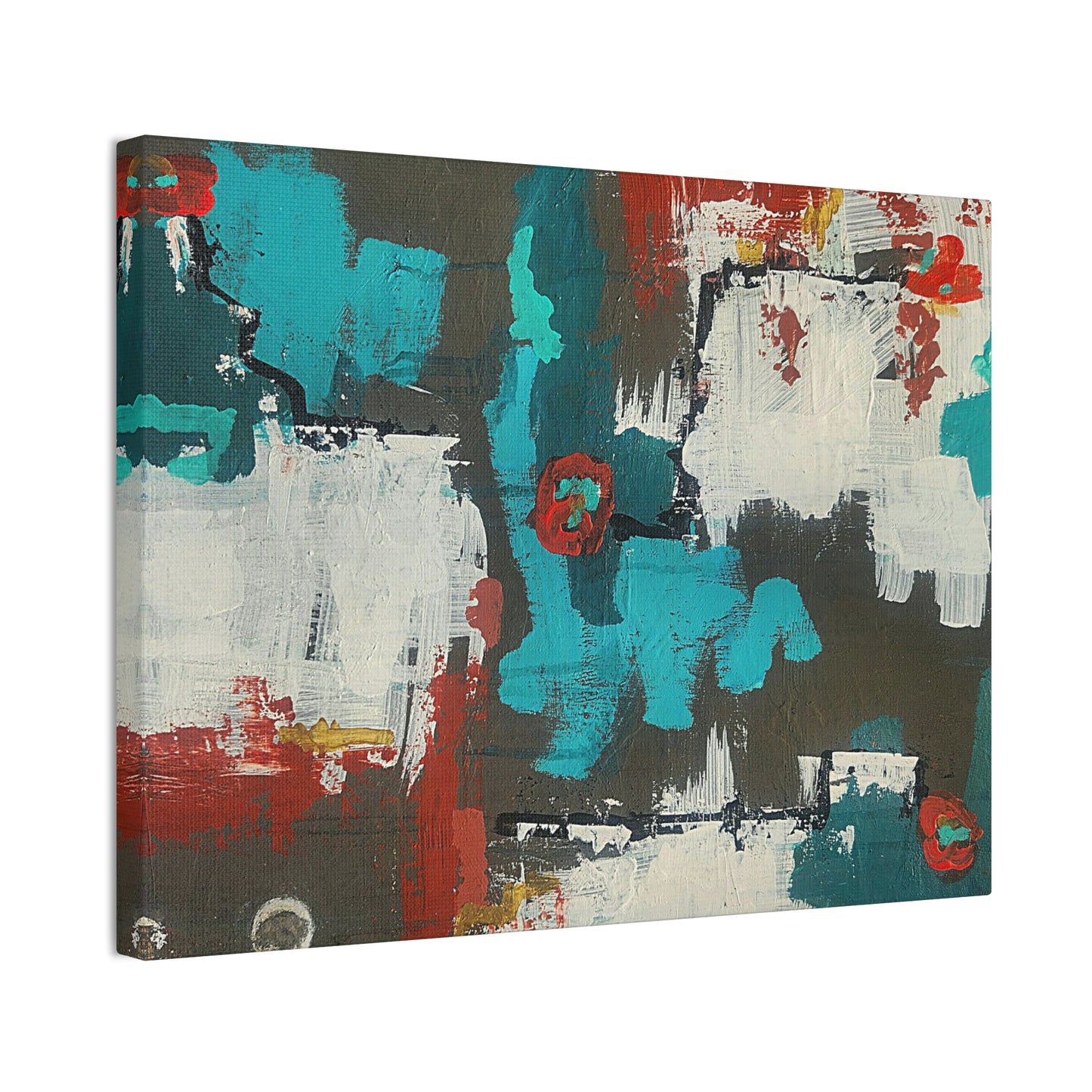 Urban Bloom, Abstract Teal, Red, and White Modern Wall Art Print on Dark Background