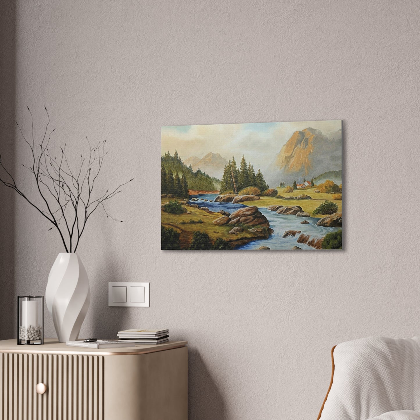 Tranquil Mountain Escape, Realistic Landscape Oil Painting | Rustic Cabin Wall Art, Nature Scene, Home Decor
