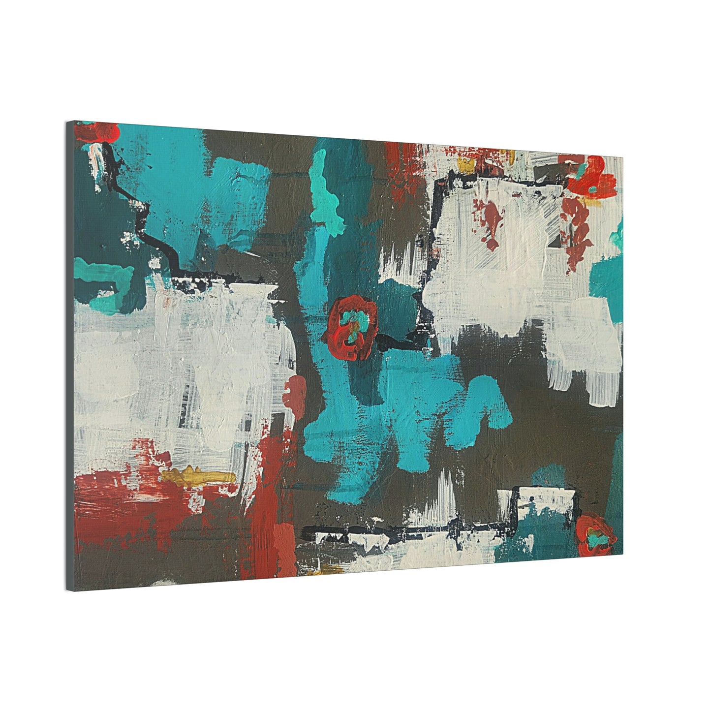 Urban Bloom (Horizontal)Abstract Teal, Red, and White Modern Wall Art Print on Dark Background