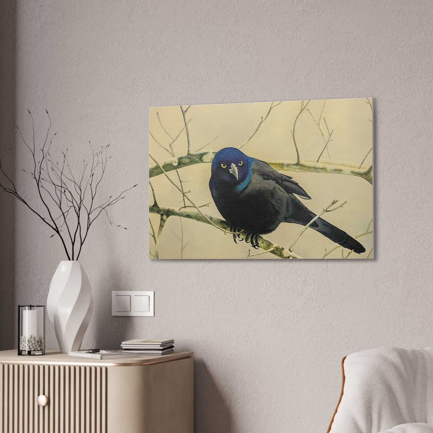 Midnight Grackle Perch – Realistic Bird Oil Painting on Canvas, Nature oil painting, Original oil painting