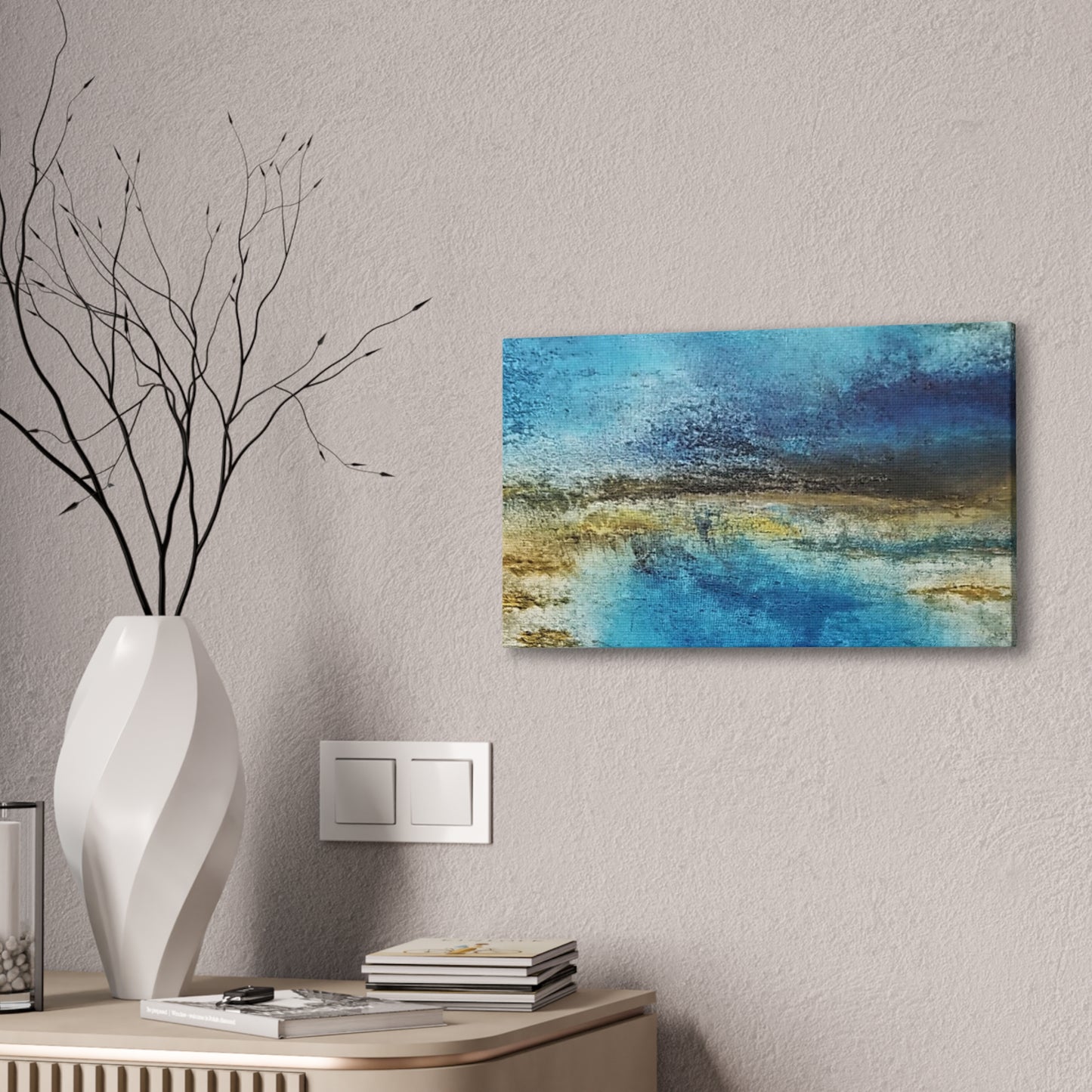 Golden Drift (Horizontal) Abstract Blue and Gold Wall Art Print, Textured Modern Landscape