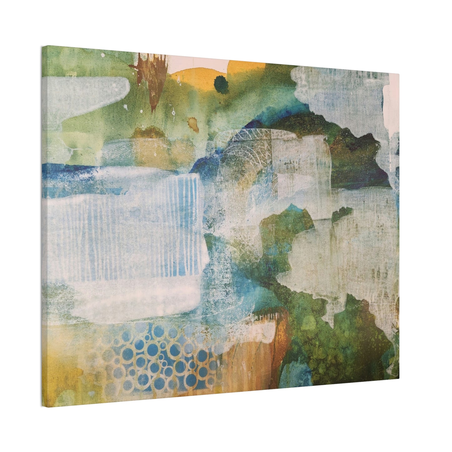 Misty Pond at Dawn, Fall Landscape Painting in Warm Gold and Soft Green | Nature-Inspired Wall Decor