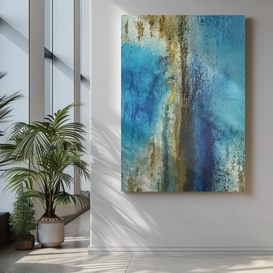 Golden Drift (Vertical) Abstract Blue and Gold Wall Art Print, Textured Modern Landscape