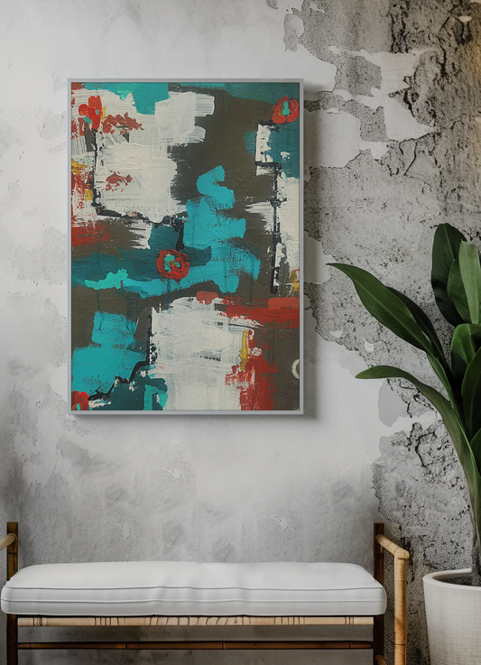 Urban Bloom (Horizontal)Abstract Teal, Red, and White Modern Wall Art Print on Dark Background