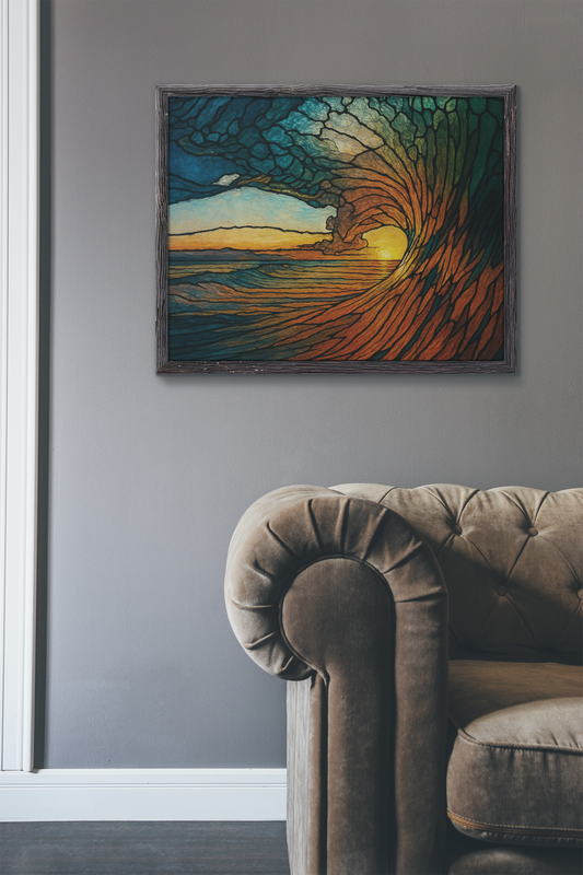 "Sunset Surge" Satin Poster, Wall Art Print, Beach Decor, Nature Artwork, Gift for Surf Lovers