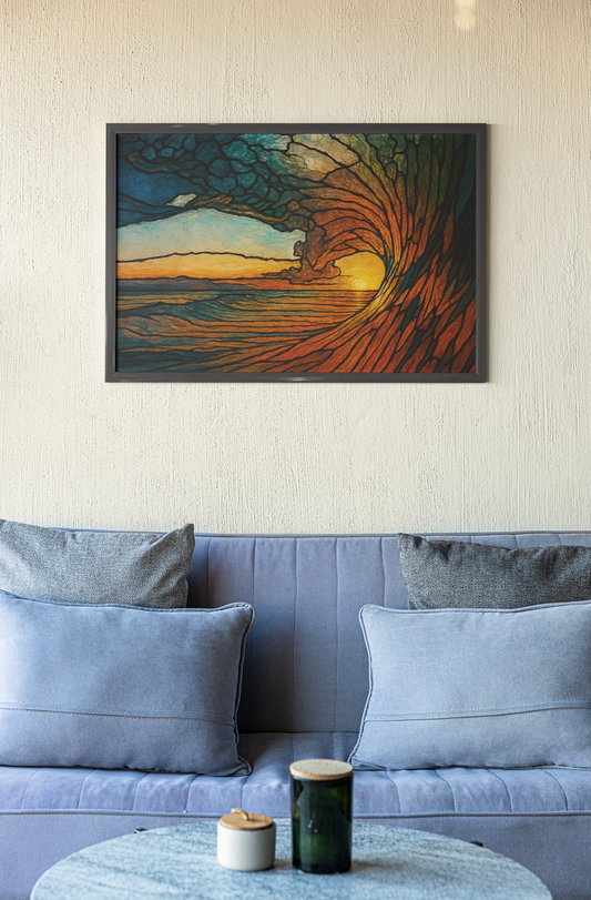 "Sunset Surge" Satin Poster, Wall Art Print, Beach Decor, Nature Artwork, Gift for Surf Lovers