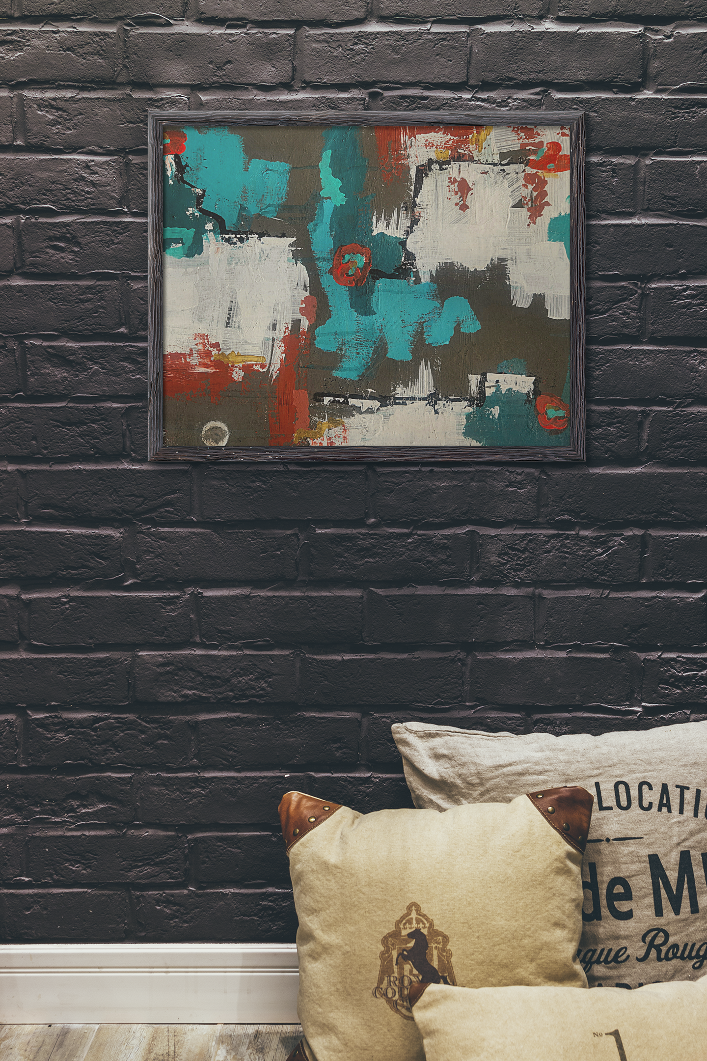 Urban Bloom (Horizontal)Abstract Teal, Red, and White Modern Wall Art Print on Dark Background