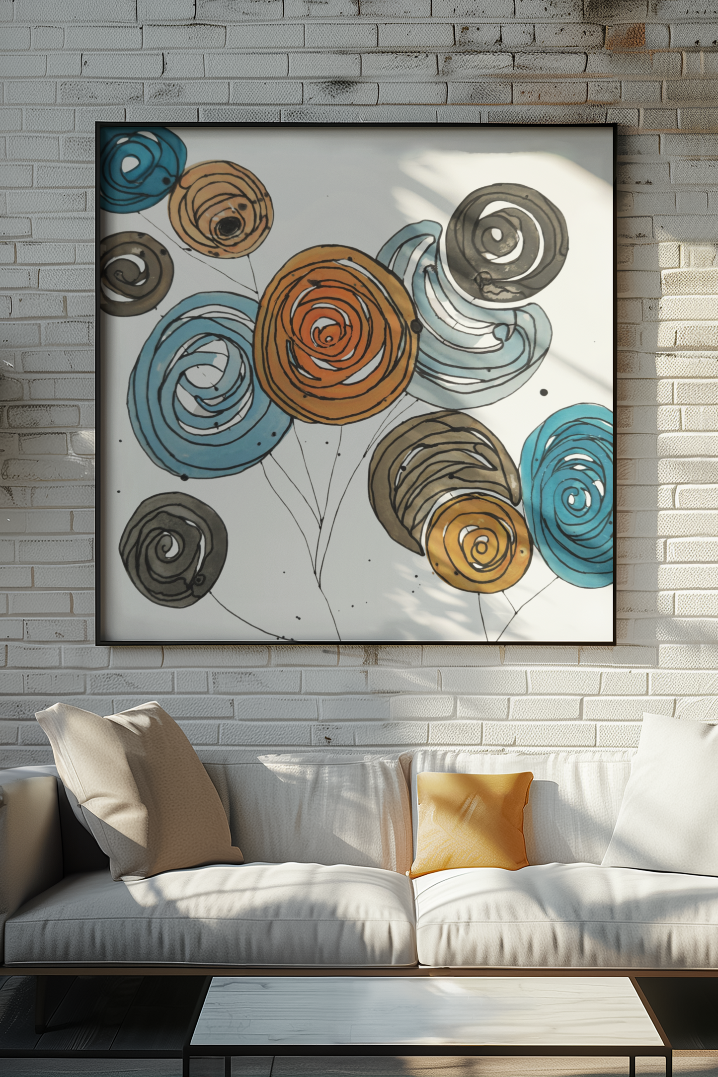 Spirals in Bloom II, Modern Abstract Floral Wall Art – Spiral Blossoms in Teal, Yellow & Charcoal