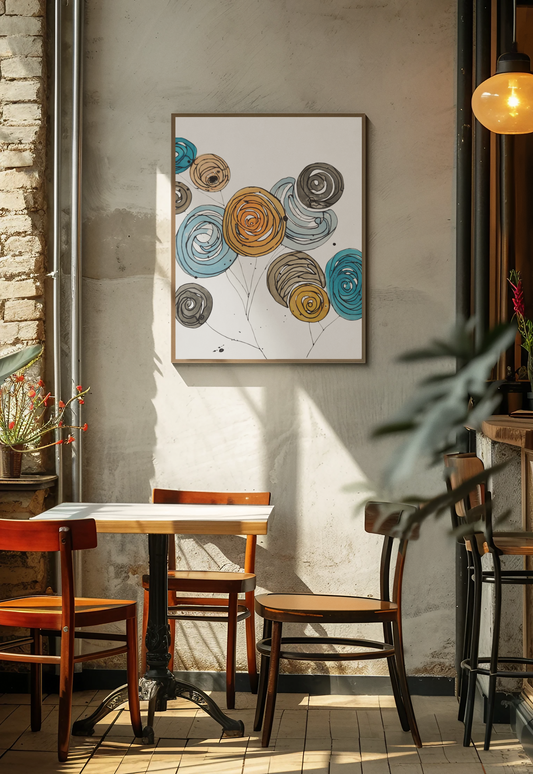 Spirals in Bloom II, Modern Abstract Floral Wall Art – Spiral Blossoms in Teal, Yellow & Charcoal