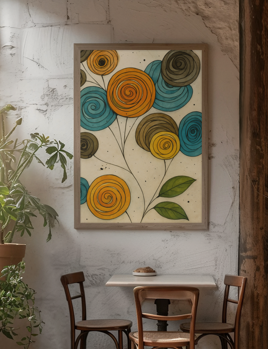 Spirals in Bloom III – Contemporary Digital Wall Art,A modern abstract floral digital wall art print in teal, orange, and yellow, perfect for contemporary home or office decor.