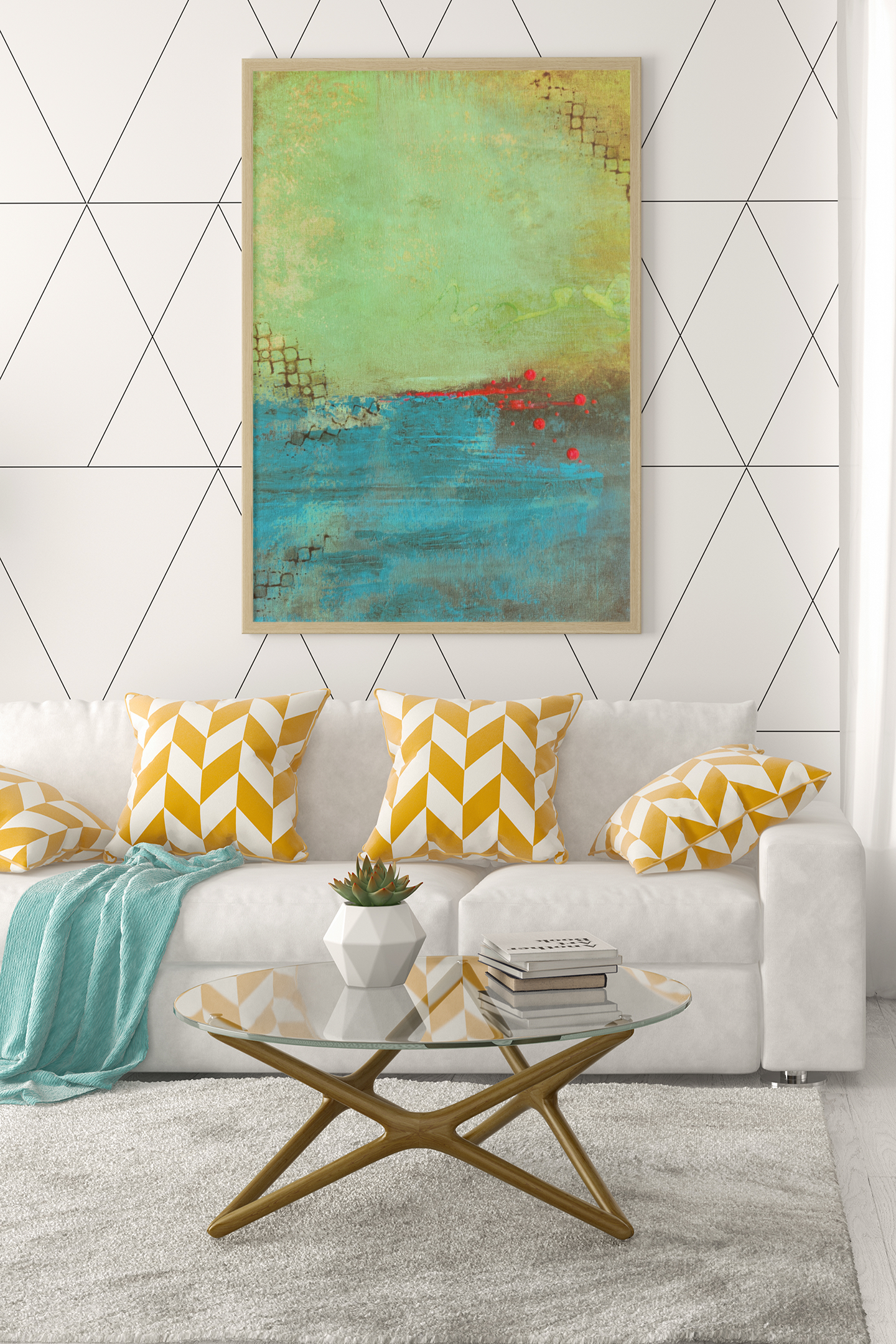 Whispers of Horizon, Abstract Acrylic Painting in Teal, Gold & Crimson