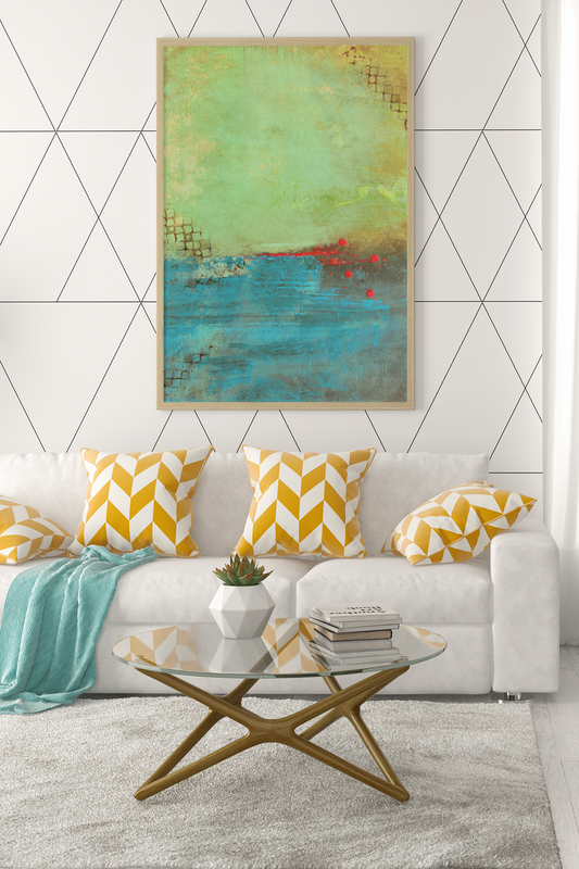 Whispers of Horizon, Abstract Acrylic Painting in Teal, Gold & Crimson
