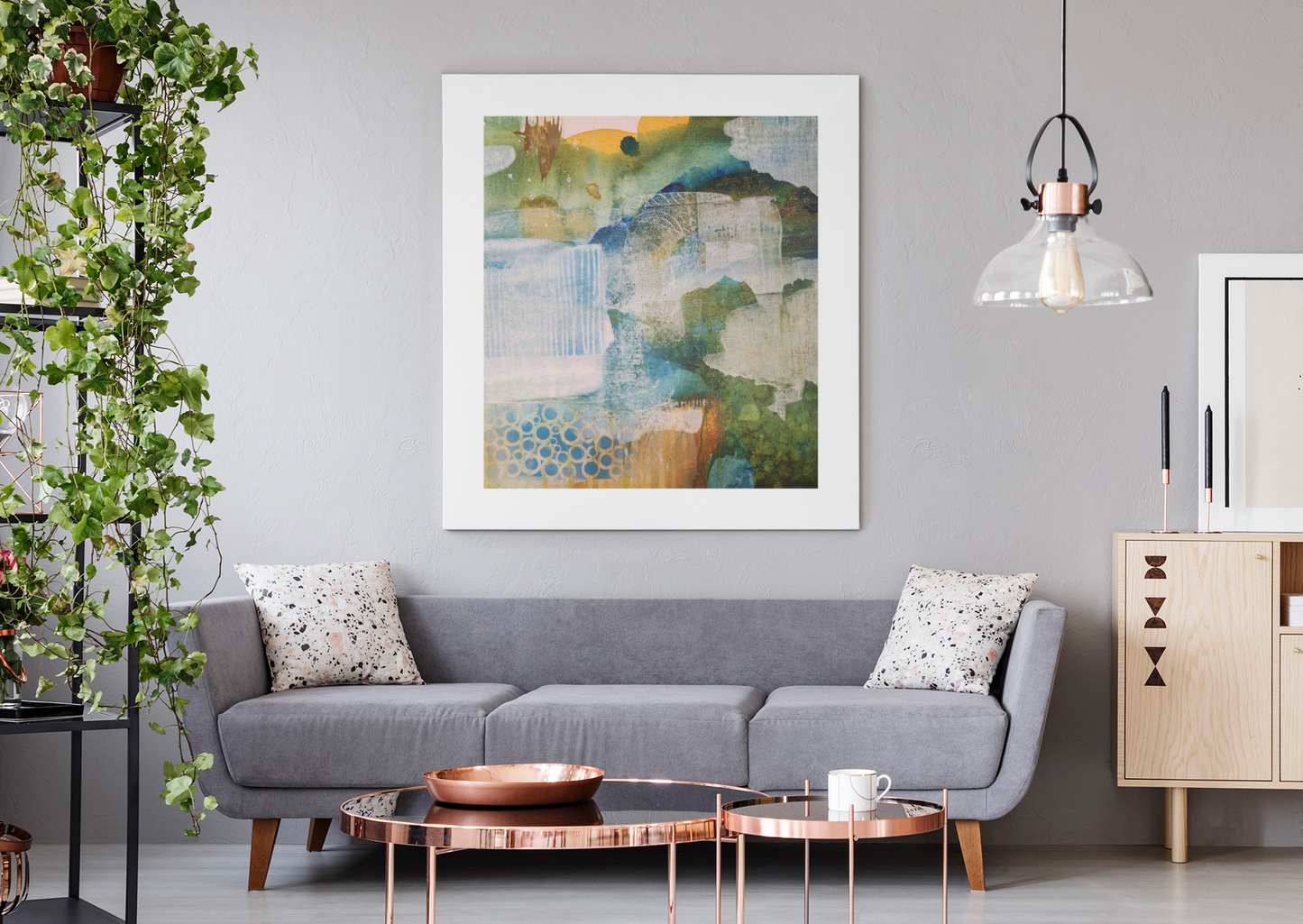 Misty Pond at Dawn, Fall Landscape Painting in Warm Gold and Soft Green | Nature-Inspired Wall Decor