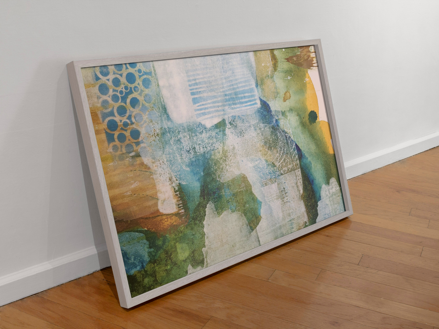Misty Pond at Dawn, Fall Landscape Painting in Warm Gold and Soft Green | Nature-Inspired Wall Decor
