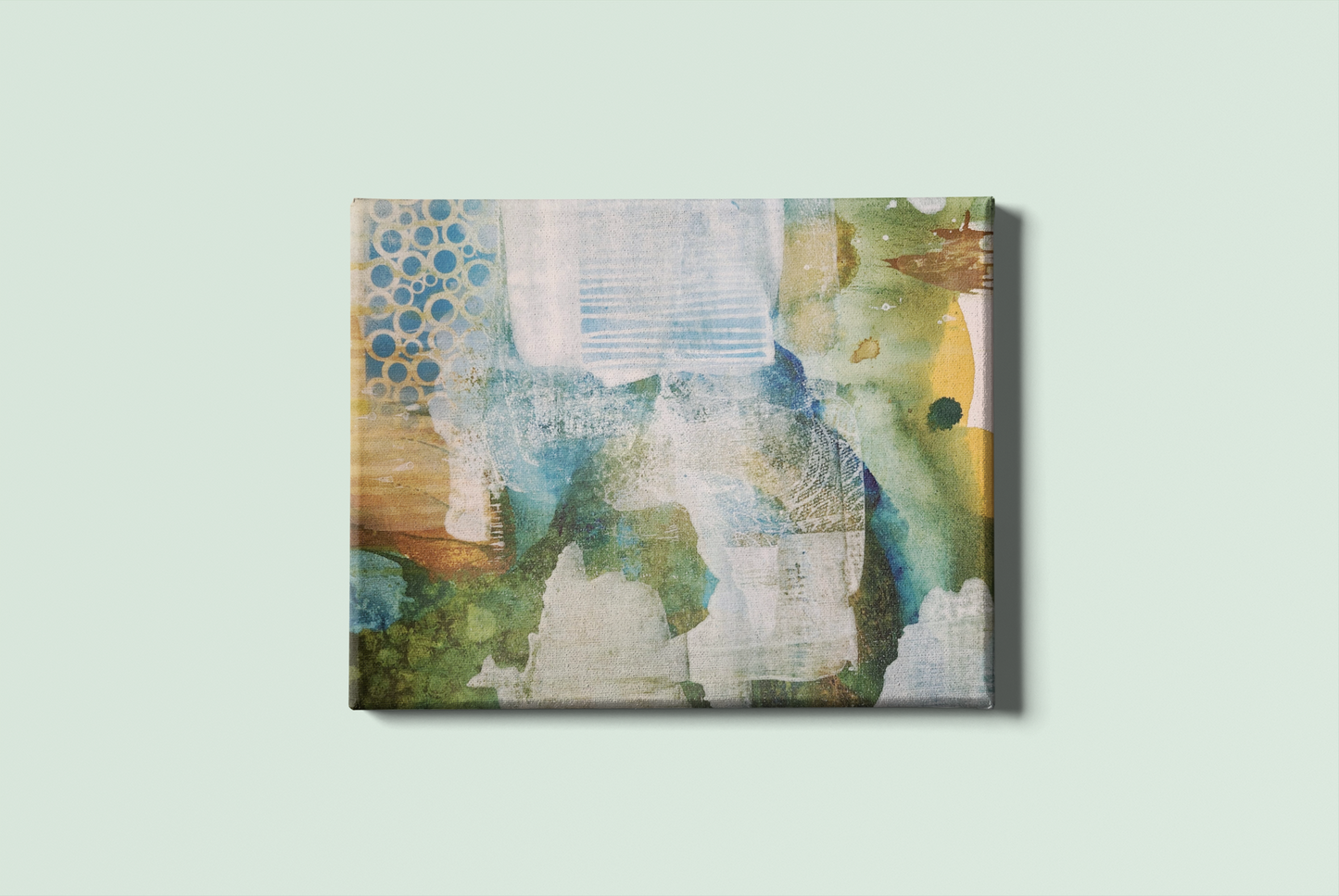 Misty Pond at Dawn, Fall Landscape Painting in Warm Gold and Soft Green | Nature-Inspired Wall Decor
