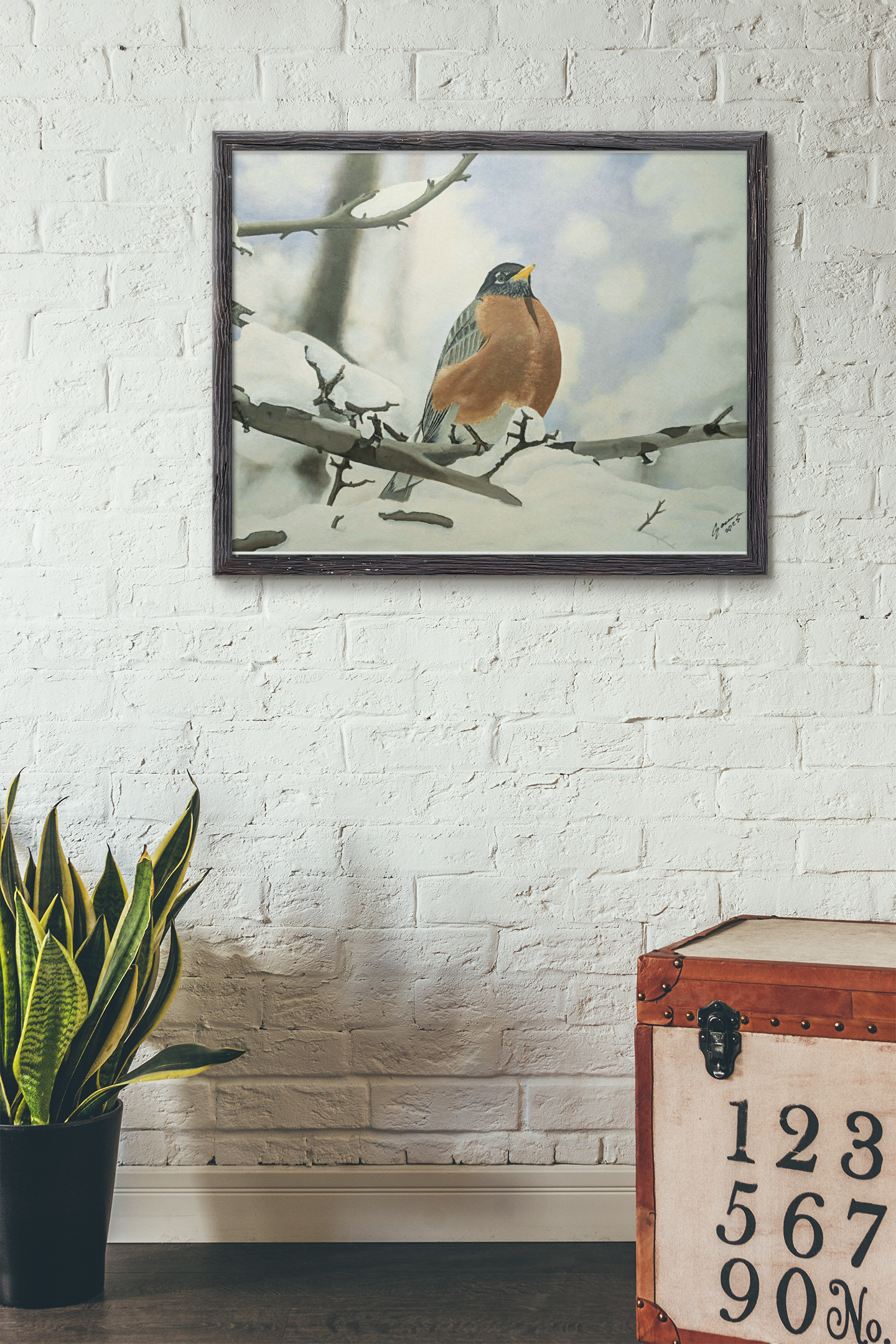 Winter Robin – Realistic Oil Painting of an American Robin in Snow | Wildlife Art | Bird Lover Gift