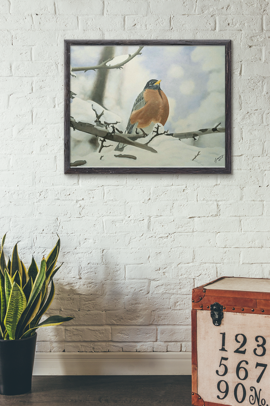 Winter Robin – Realistic Oil Painting of an American Robin in Snow | Wildlife Art | Bird Lover Gift