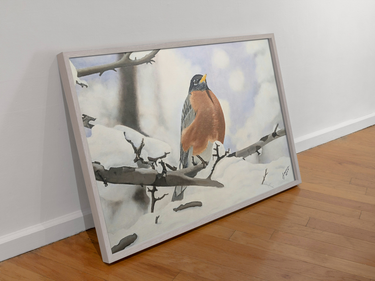 Winter Robin – Realistic Oil Painting of an American Robin in Snow | Wildlife Art | Bird Lover Gift