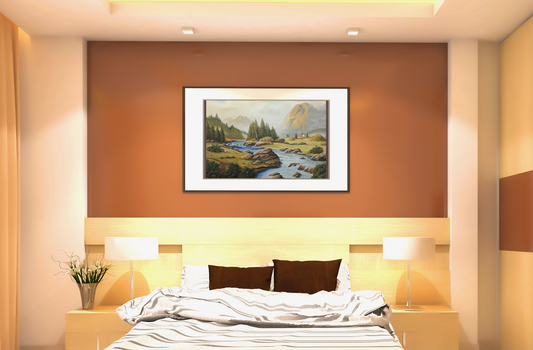 Tranquil Mountain Escape, Realistic Landscape Oil Painting | Rustic Cabin Wall Art, Nature Scene, Home Decor