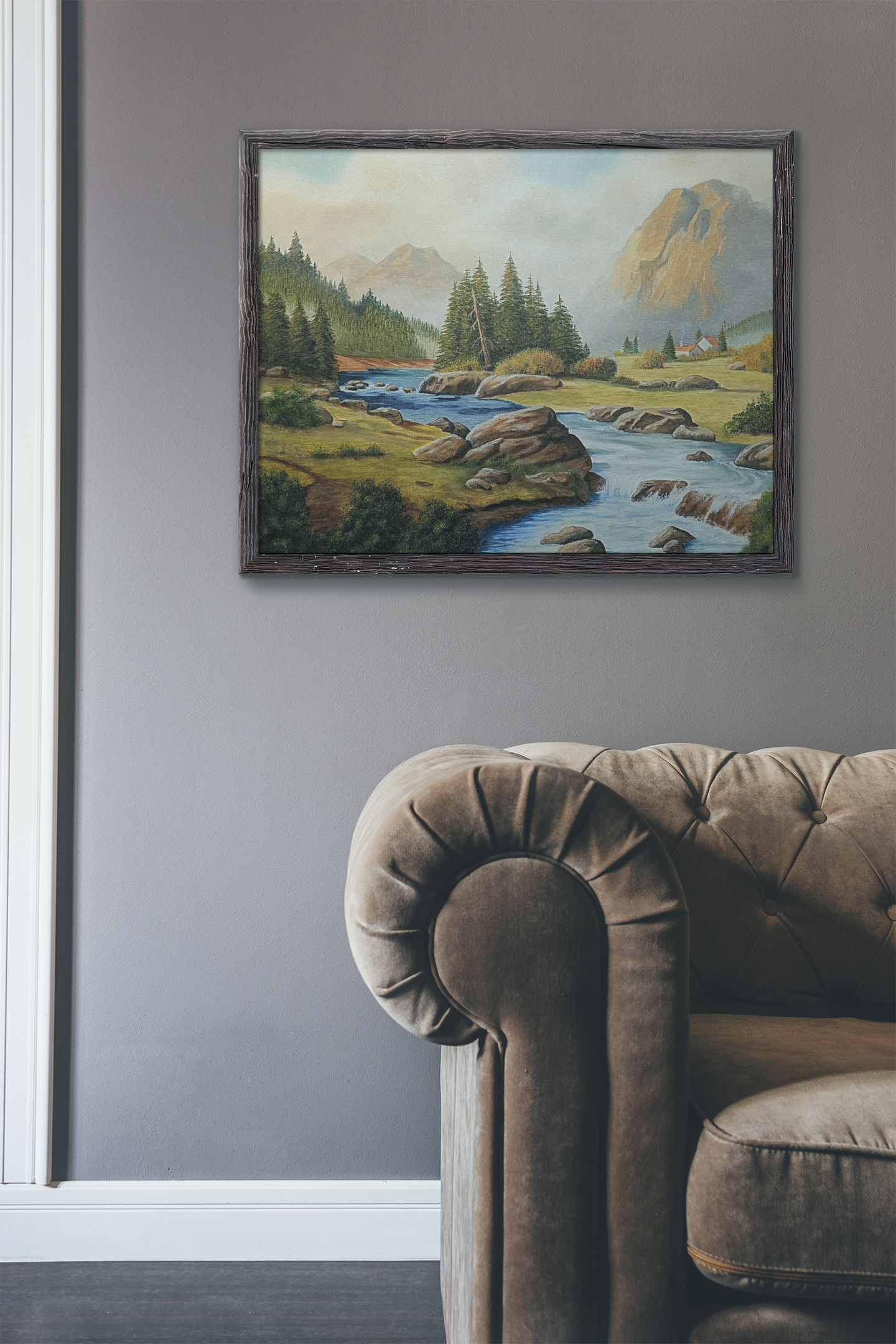 Tranquil Mountain Escape, Realistic Landscape Oil Painting | Rustic Cabin Wall Art, Nature Scene, Home Decor