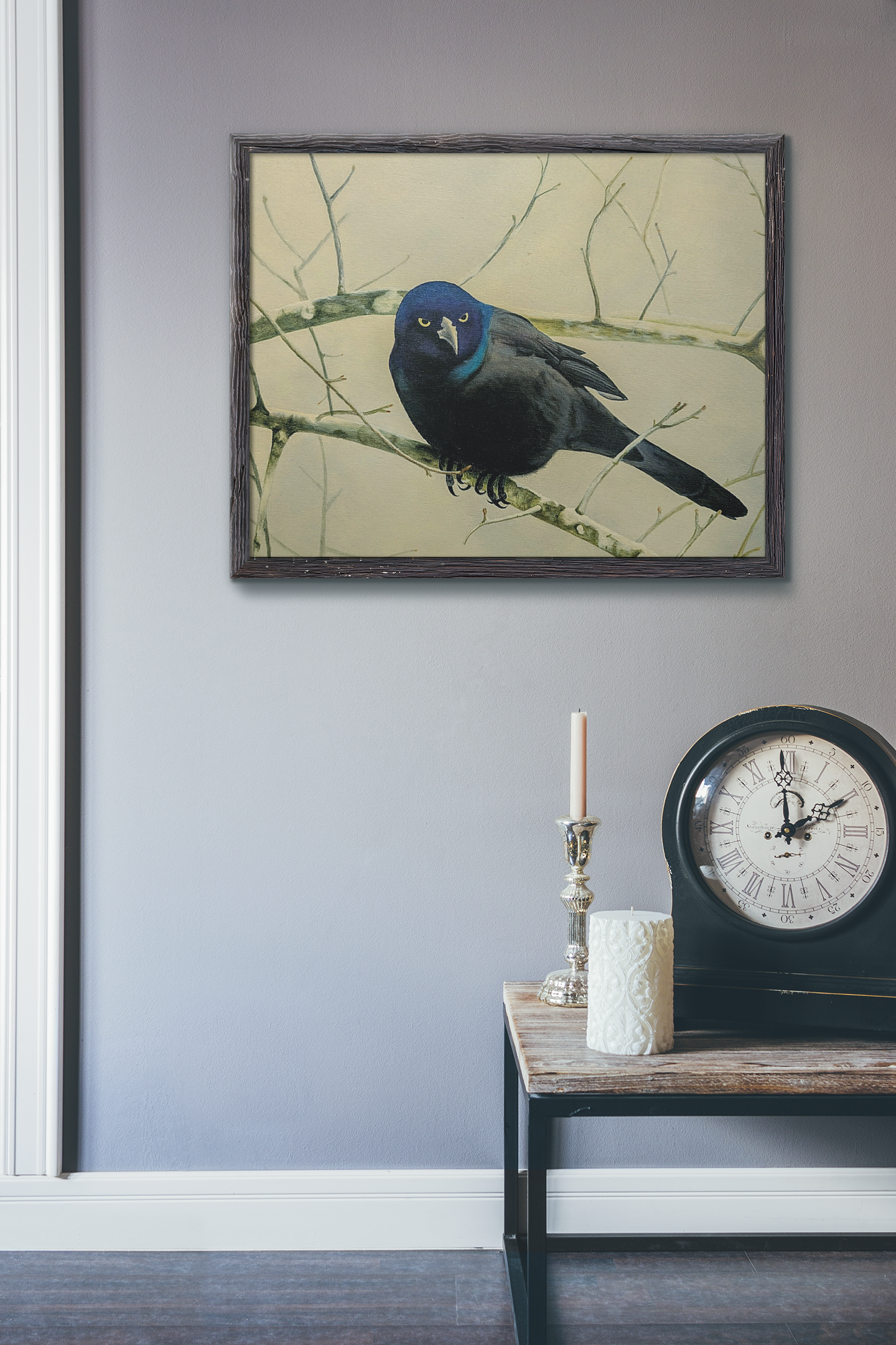 Midnight Grackle Perch – Realistic Bird Oil Painting on Canvas, Nature oil painting, Original oil painting