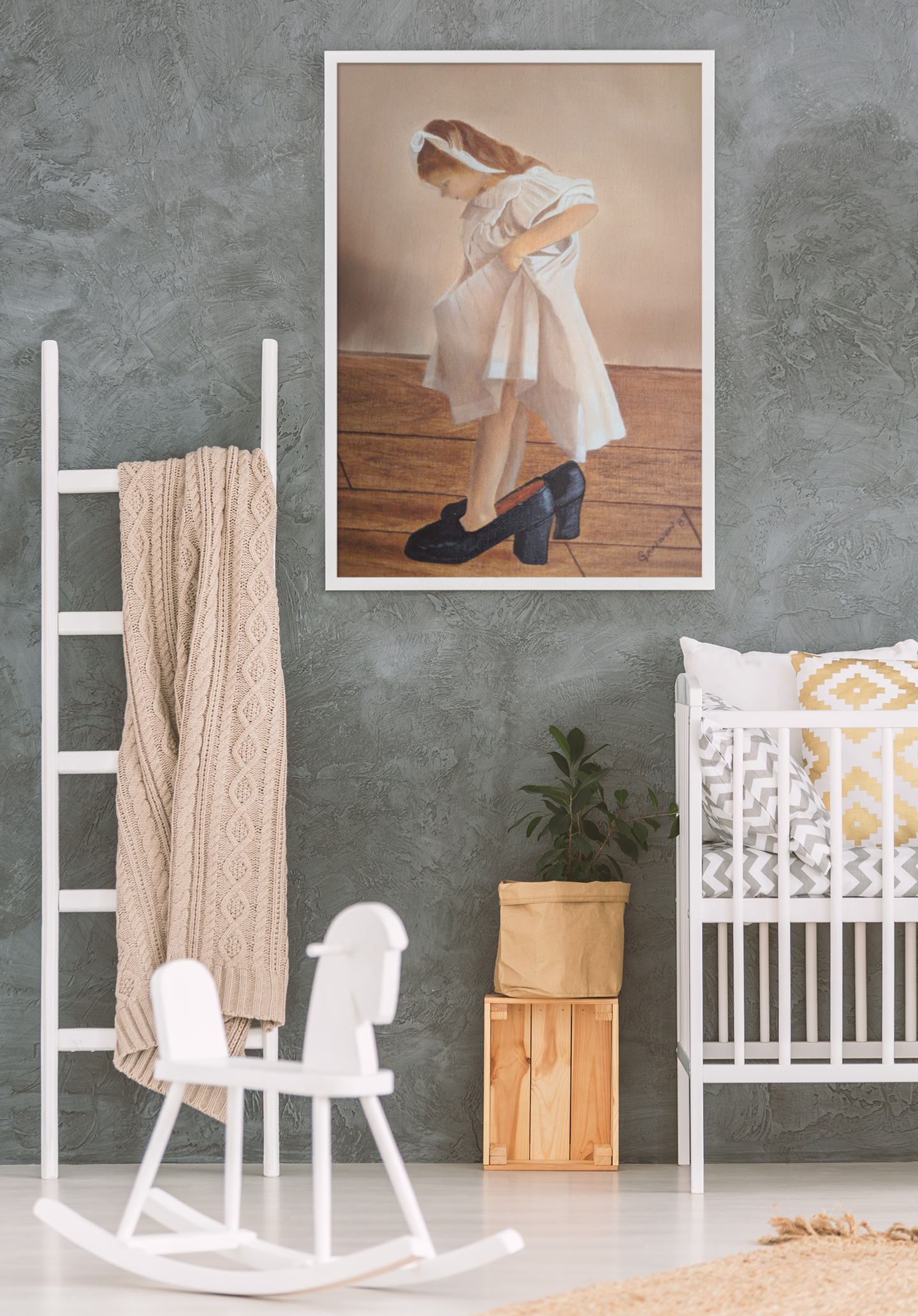 Grandma’s Shoes, Nostalgic Childhood oil painting, Vintage Oil Painting, Girl Nursery, Girl room