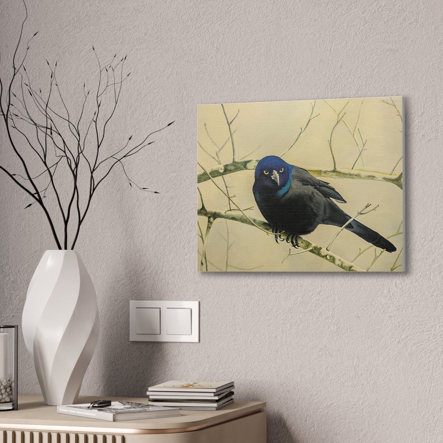 Midnight Grackle Perch – Realistic Bird Oil Painting on Canvas, Nature oil painting, Original oil painting