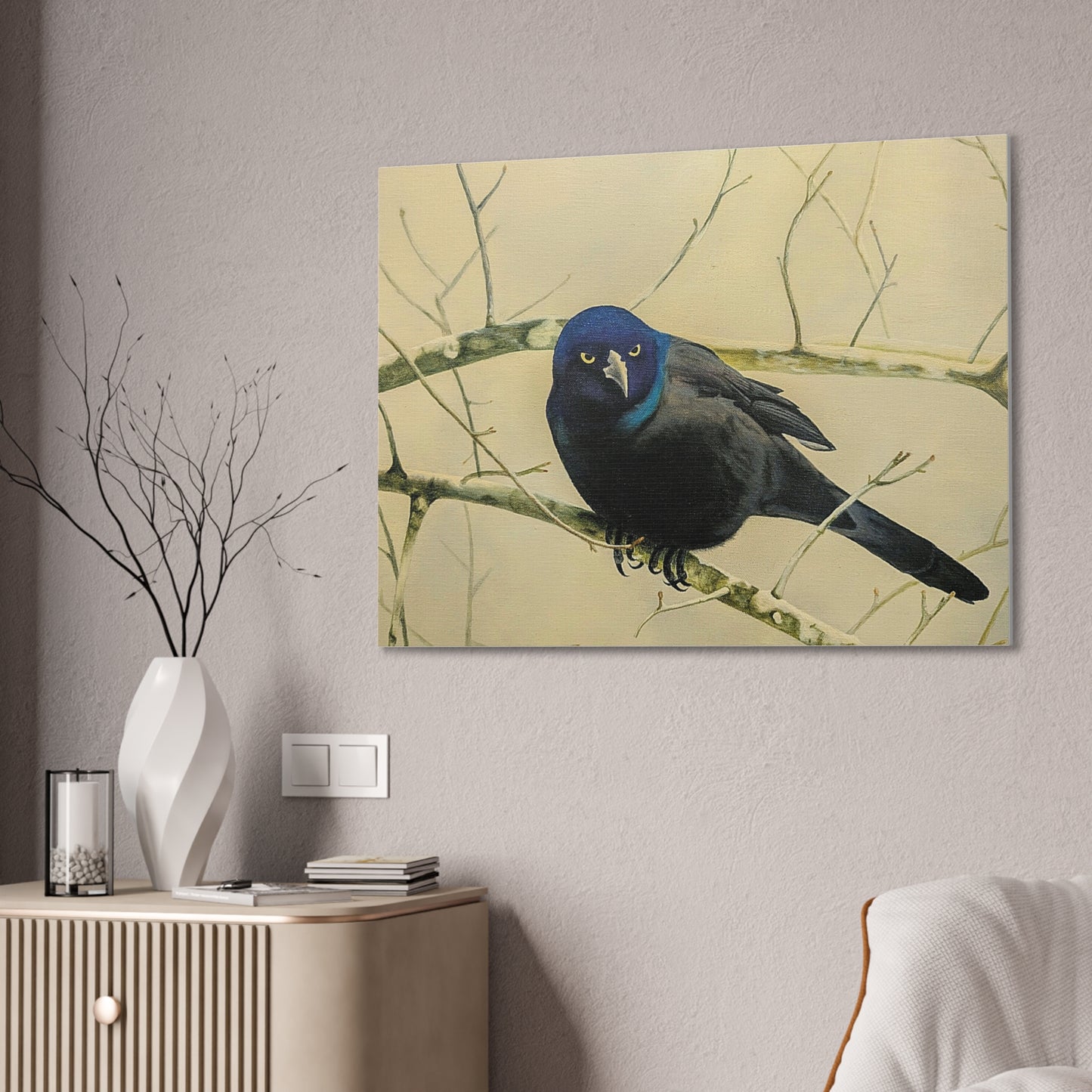 Midnight Grackle Perch – Realistic Bird Oil Painting on Canvas, Nature oil painting, Original oil painting