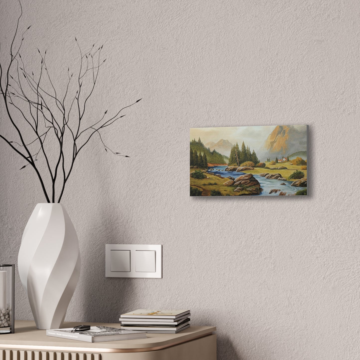 Tranquil Mountain Escape, Realistic Landscape Oil Painting | Rustic Cabin Wall Art, Nature Scene, Home Decor