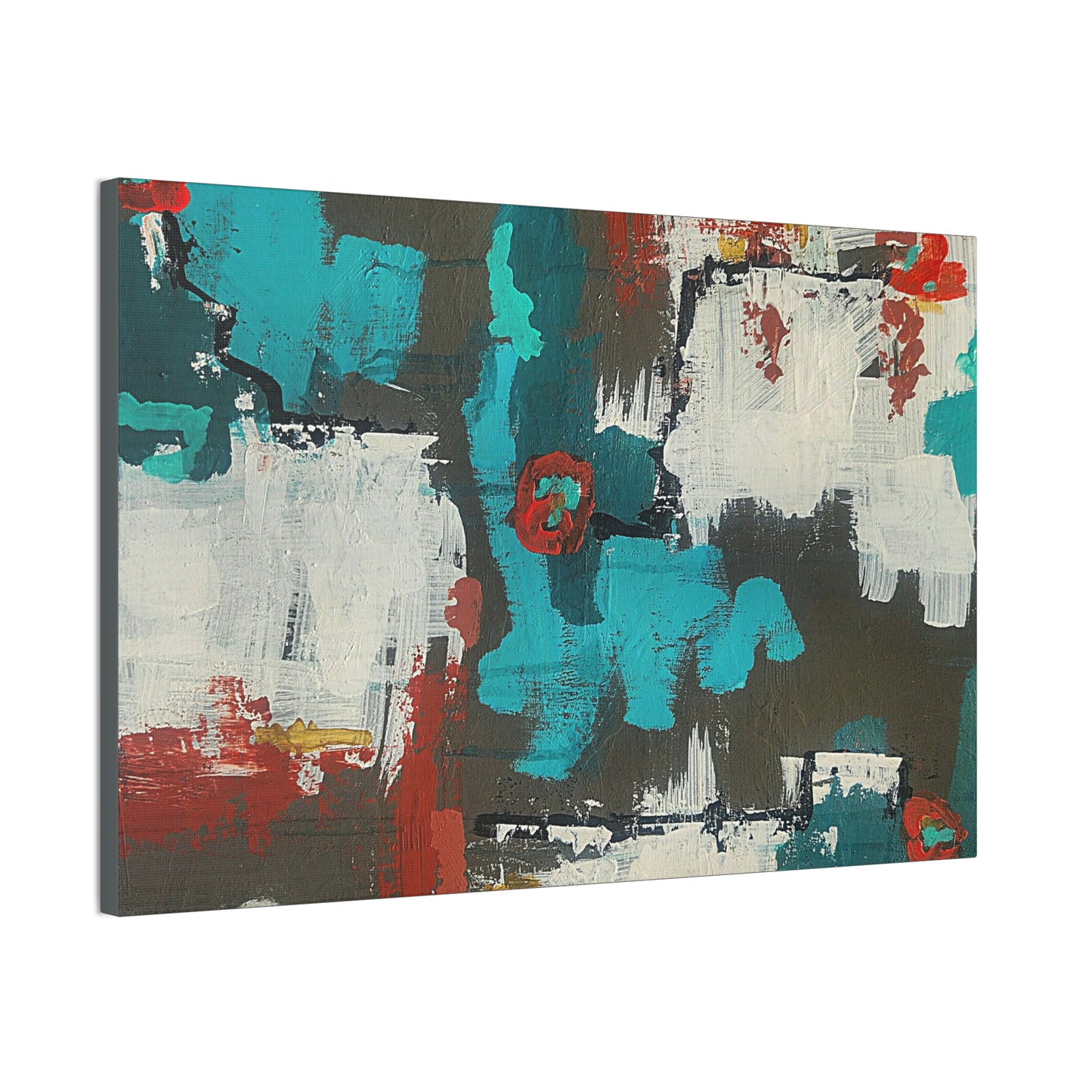 Urban Bloom (Horizontal)Abstract Teal, Red, and White Modern Wall Art Print on Dark Background